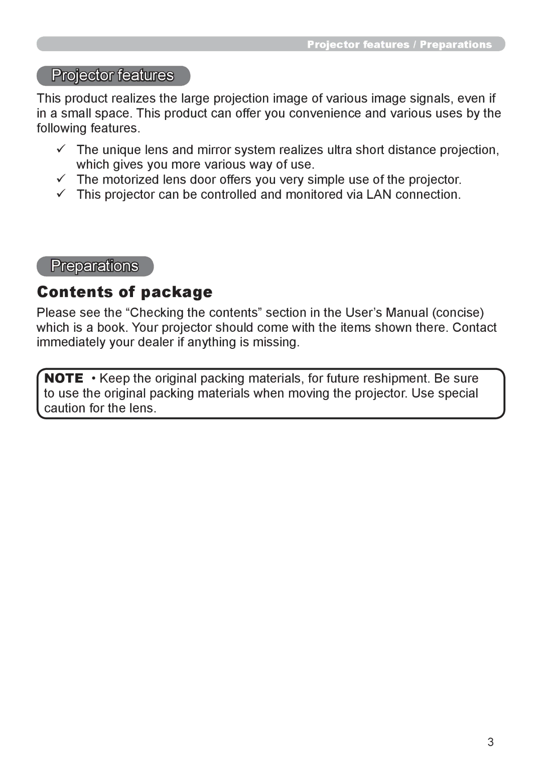 Epson 8100 user manual Contents of package 