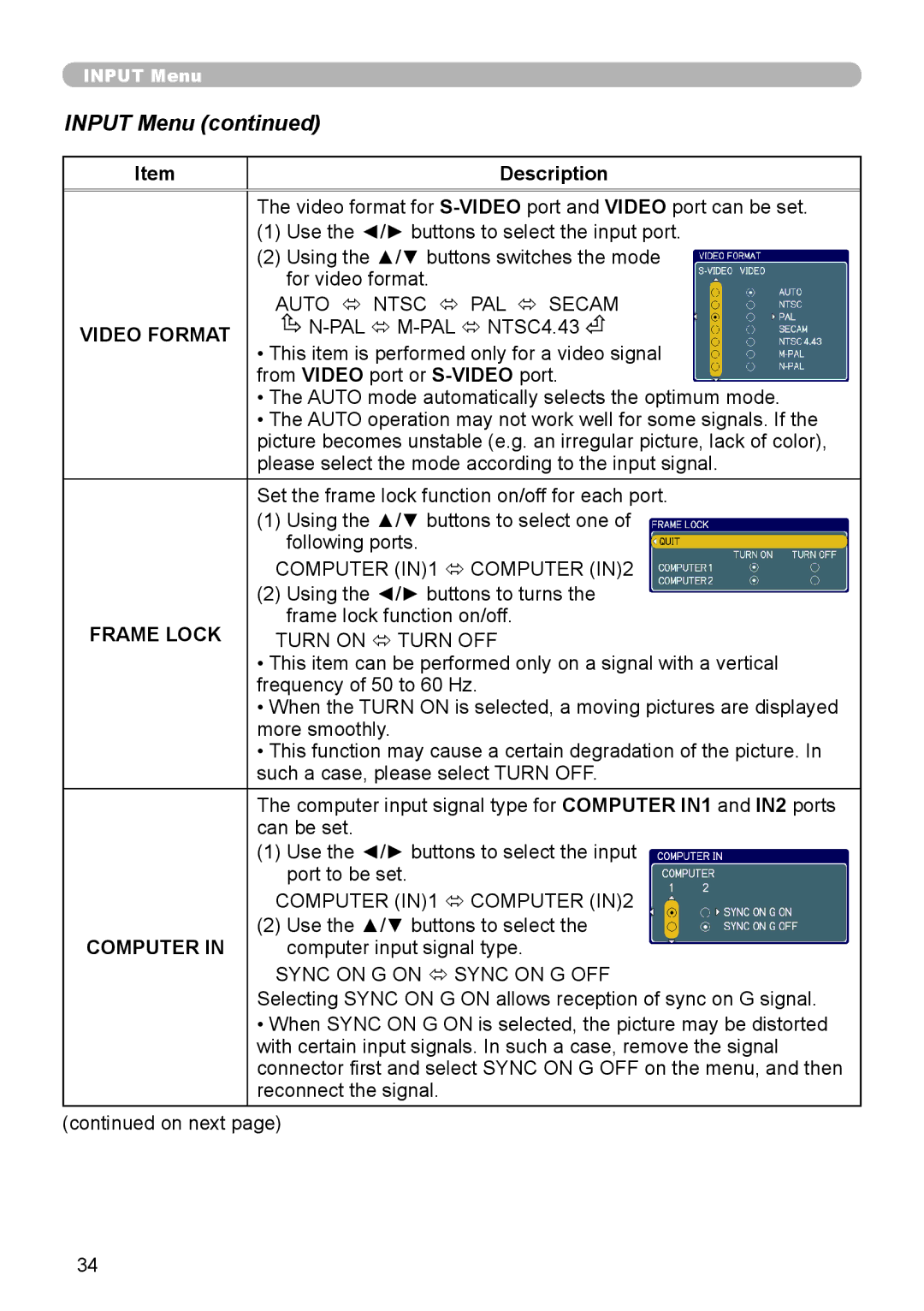 Epson 8100 user manual Input Menu, Video Format, Frame Lock 