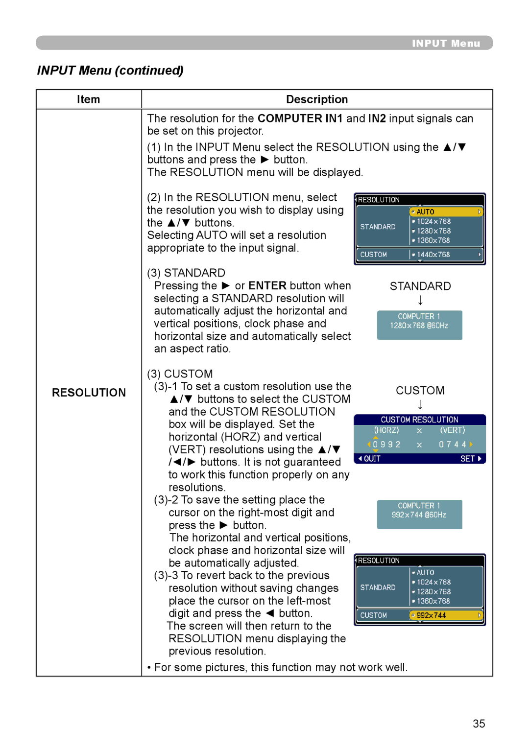 Epson 8100 user manual Resolution, Standard 