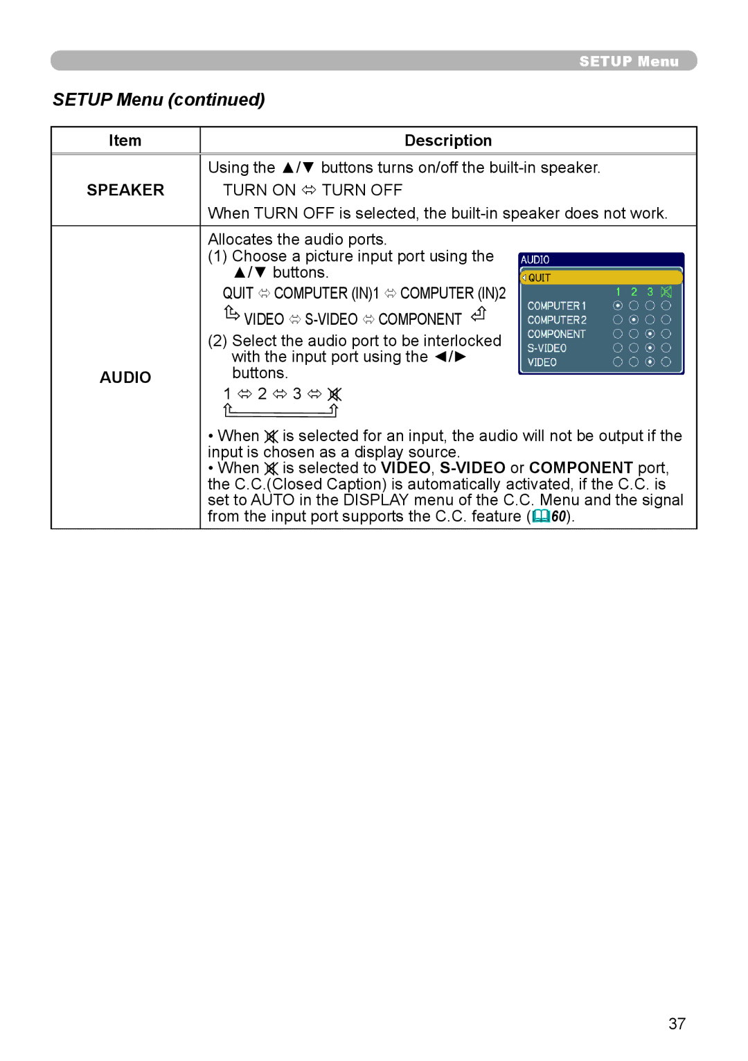 Epson 8100 user manual Setup Menu, Speaker, Audio 