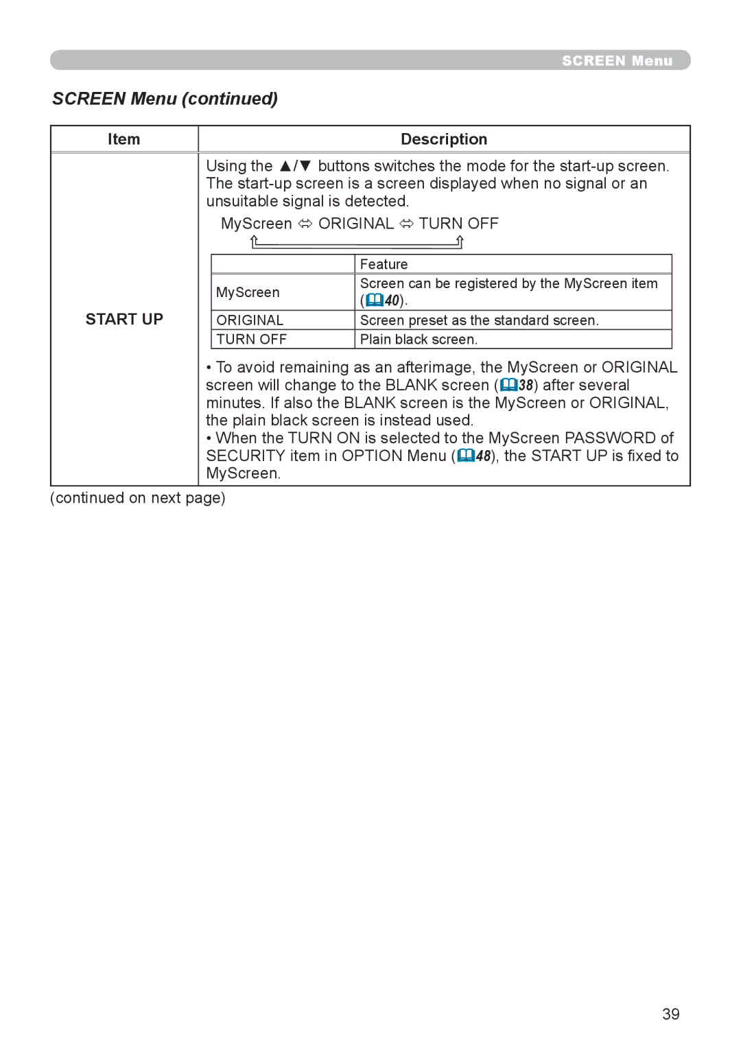 Epson 8100 user manual Screen Menu, Start UP 