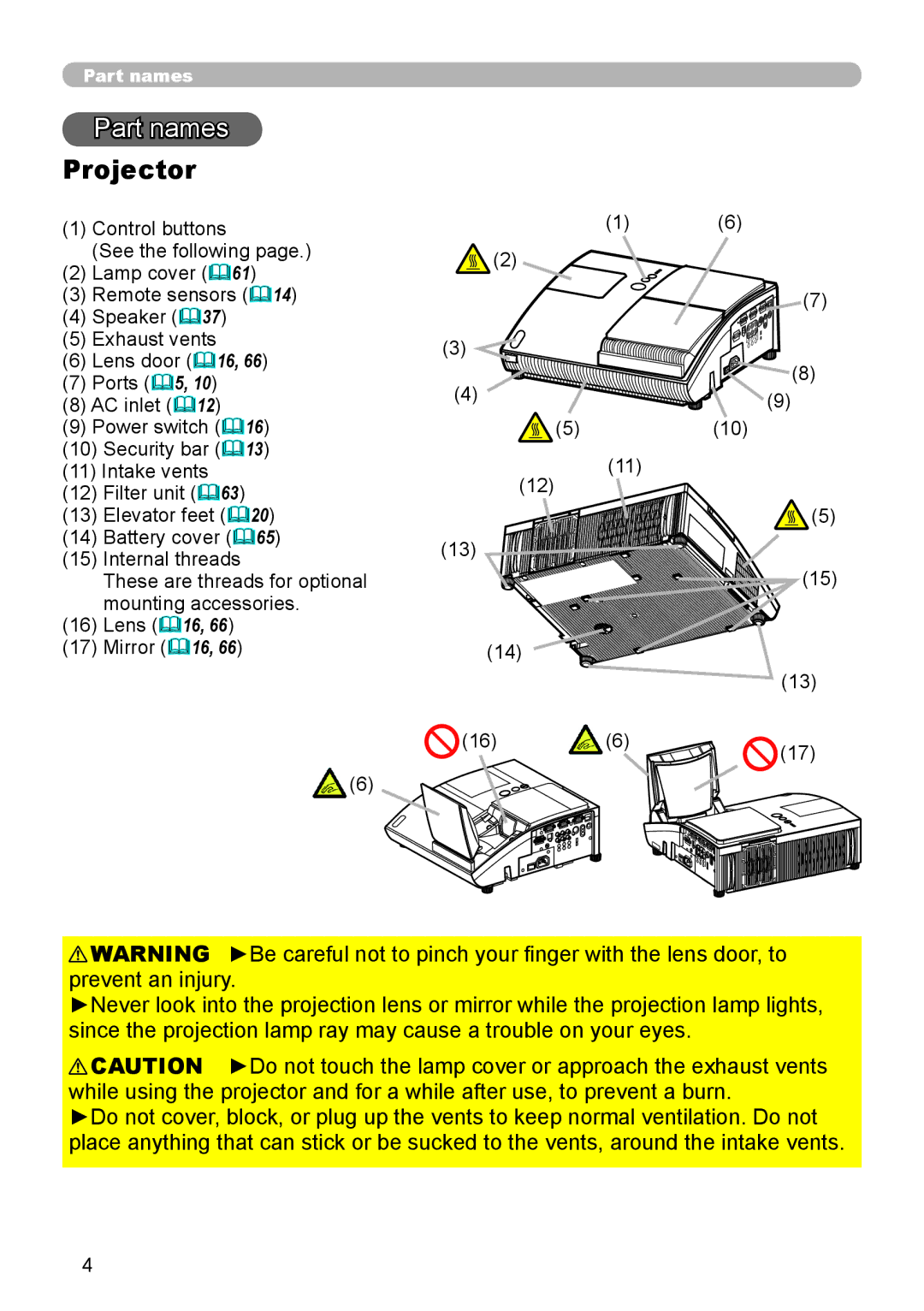 Epson 8100 user manual Part names, Projector 