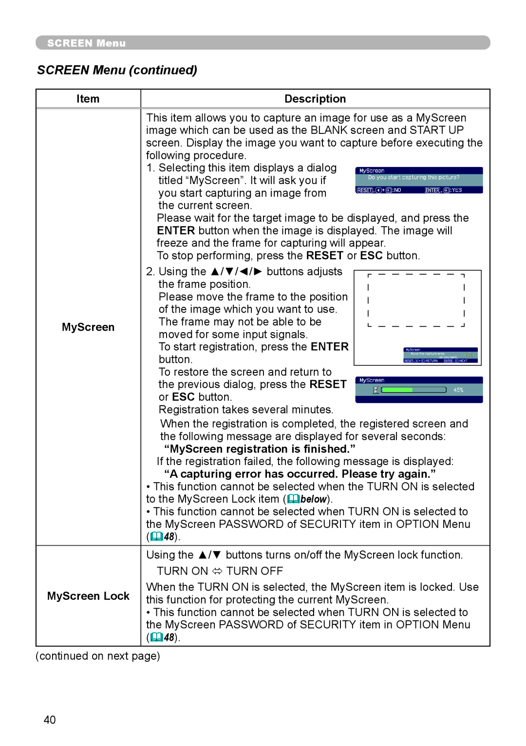 Epson 8100 user manual MyScreen registration is finished, Capturing error has occurred. Please try again, MyScreen Lock 