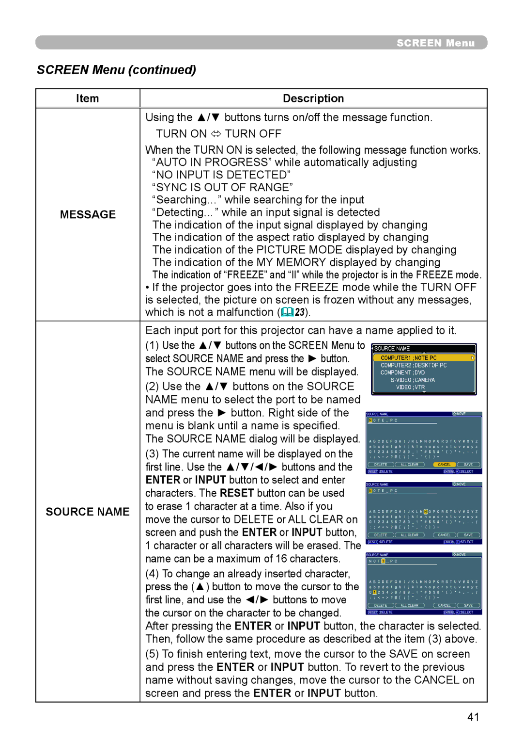 Epson 8100 user manual Message, Source Name 