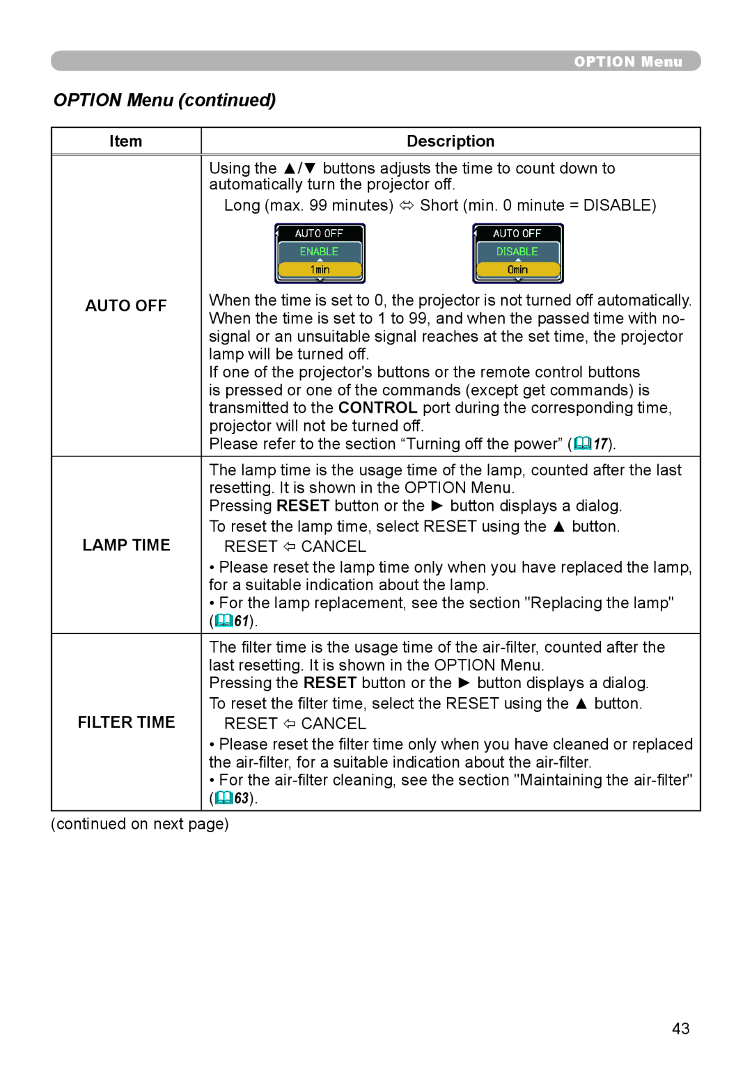 Epson 8100 user manual Option Menu, Auto OFF, Lamp Time 