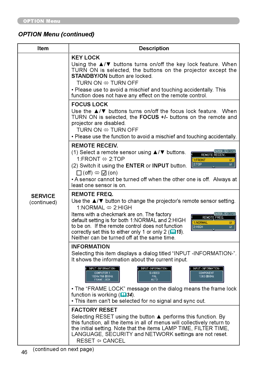 Epson 8100 user manual KEY Lock, Focus Lock, Remote Receiv, Service Remote Freq, Information, Factory Reset 