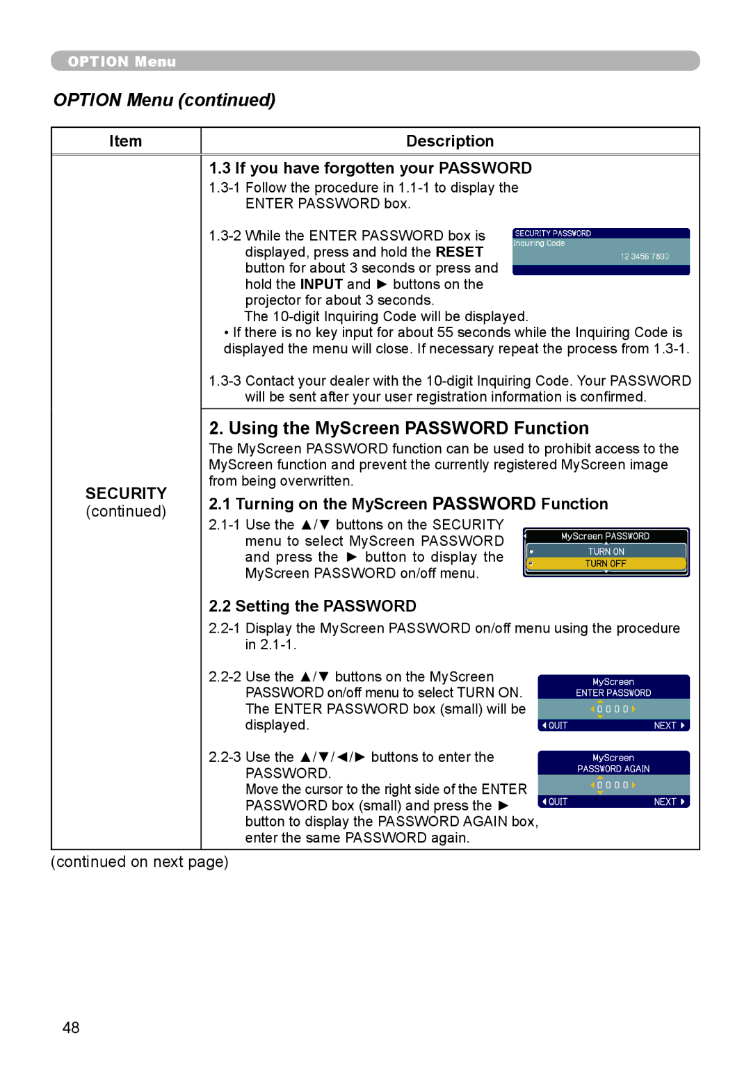 Epson 8100 user manual Using the MyScreen Password Function, If you have forgotten your Password, Setting the Password 