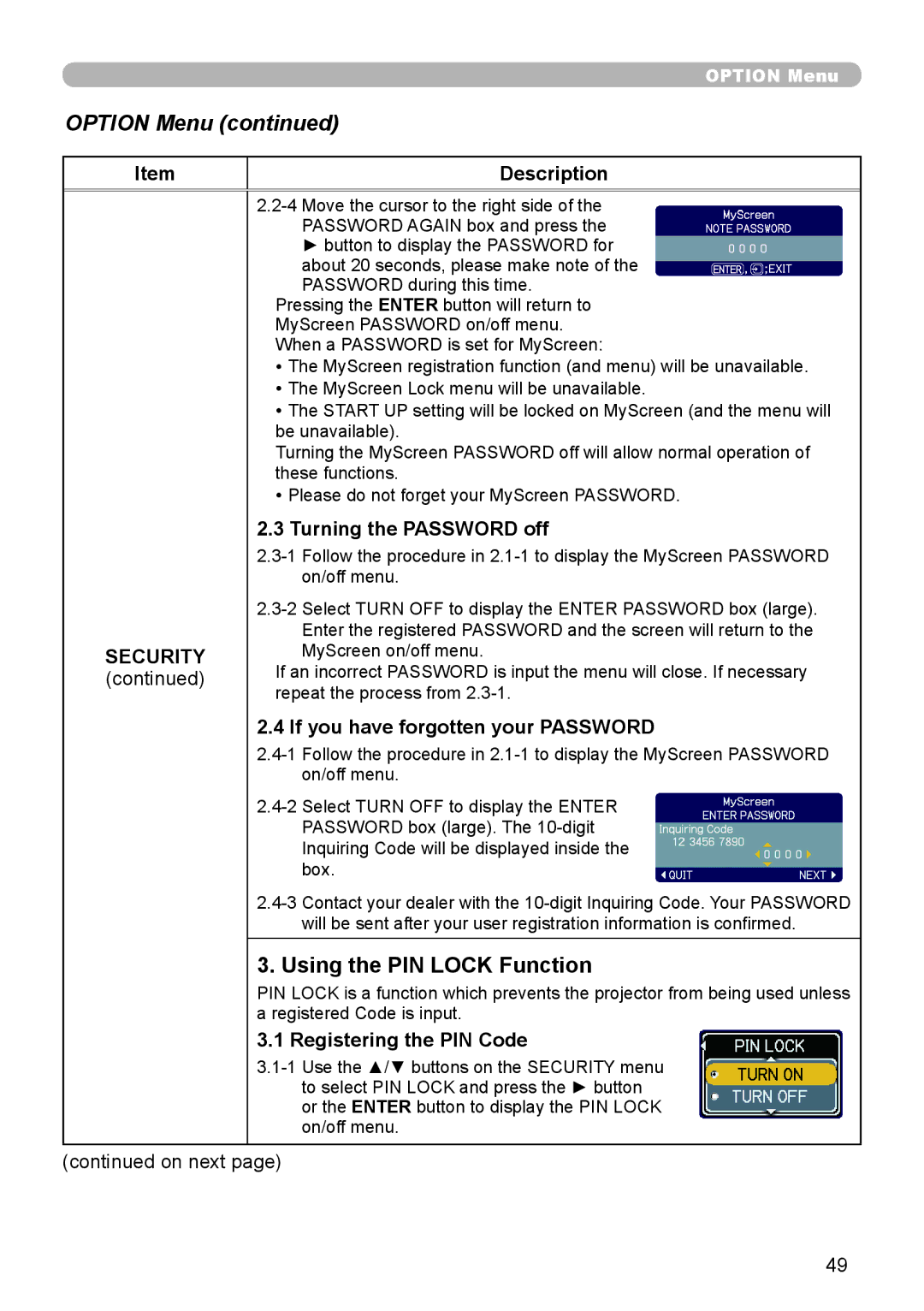 Epson 8100 Using the PIN Lock Function, Description Security, Turning the Password off, Registering the PIN Code 