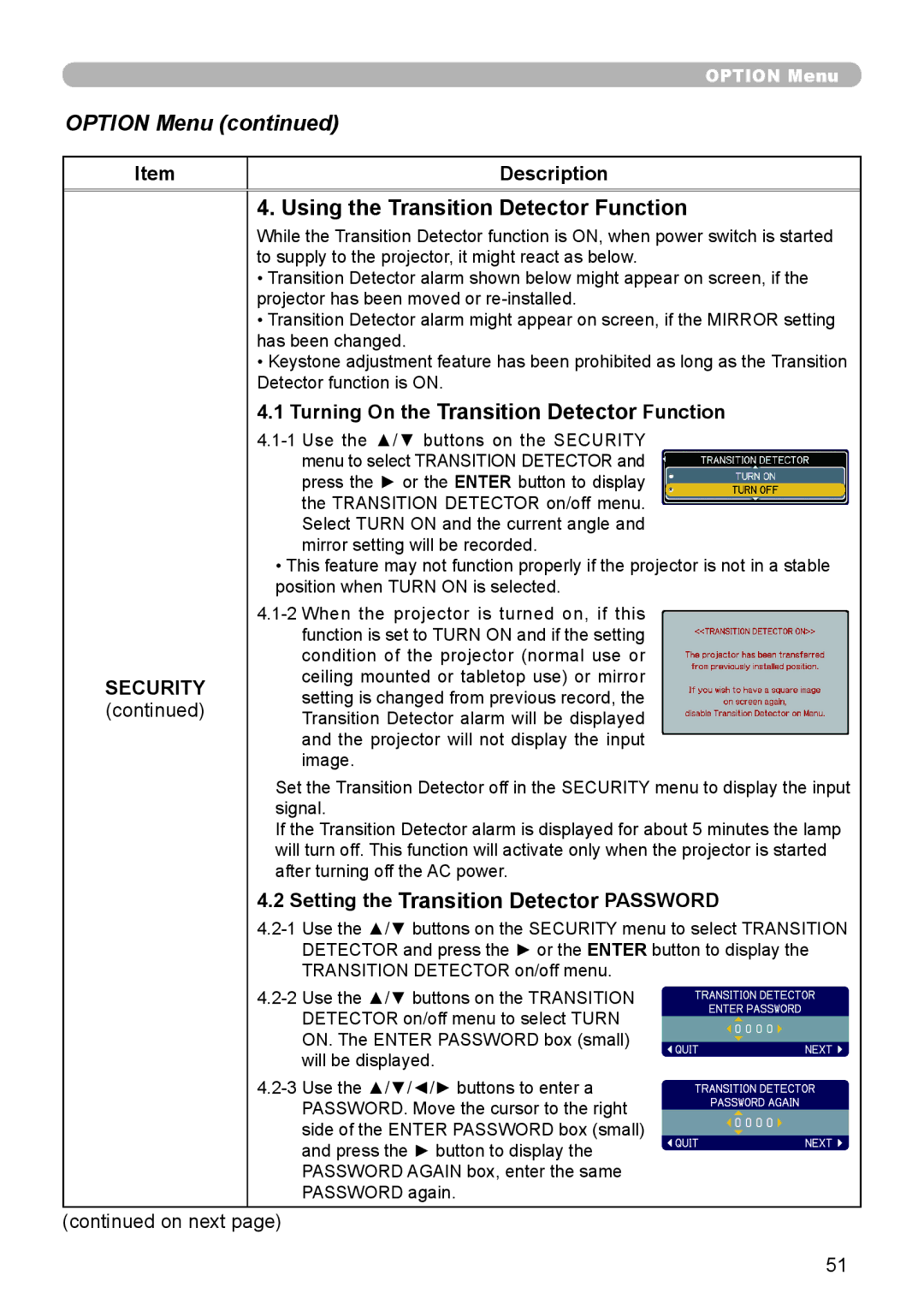 Epson 8100 user manual Using the Transition Detector Function, Turning On the Transition Detector Function 