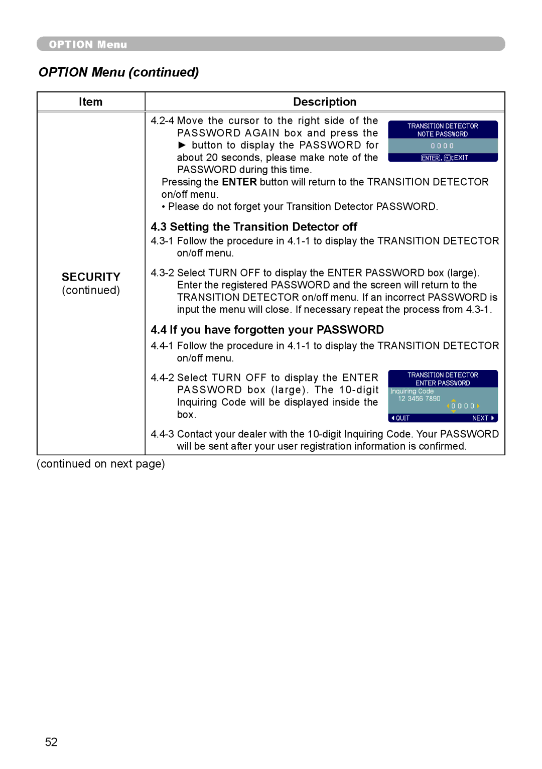 Epson 8100 user manual Description, Setting the Transition Detector off 