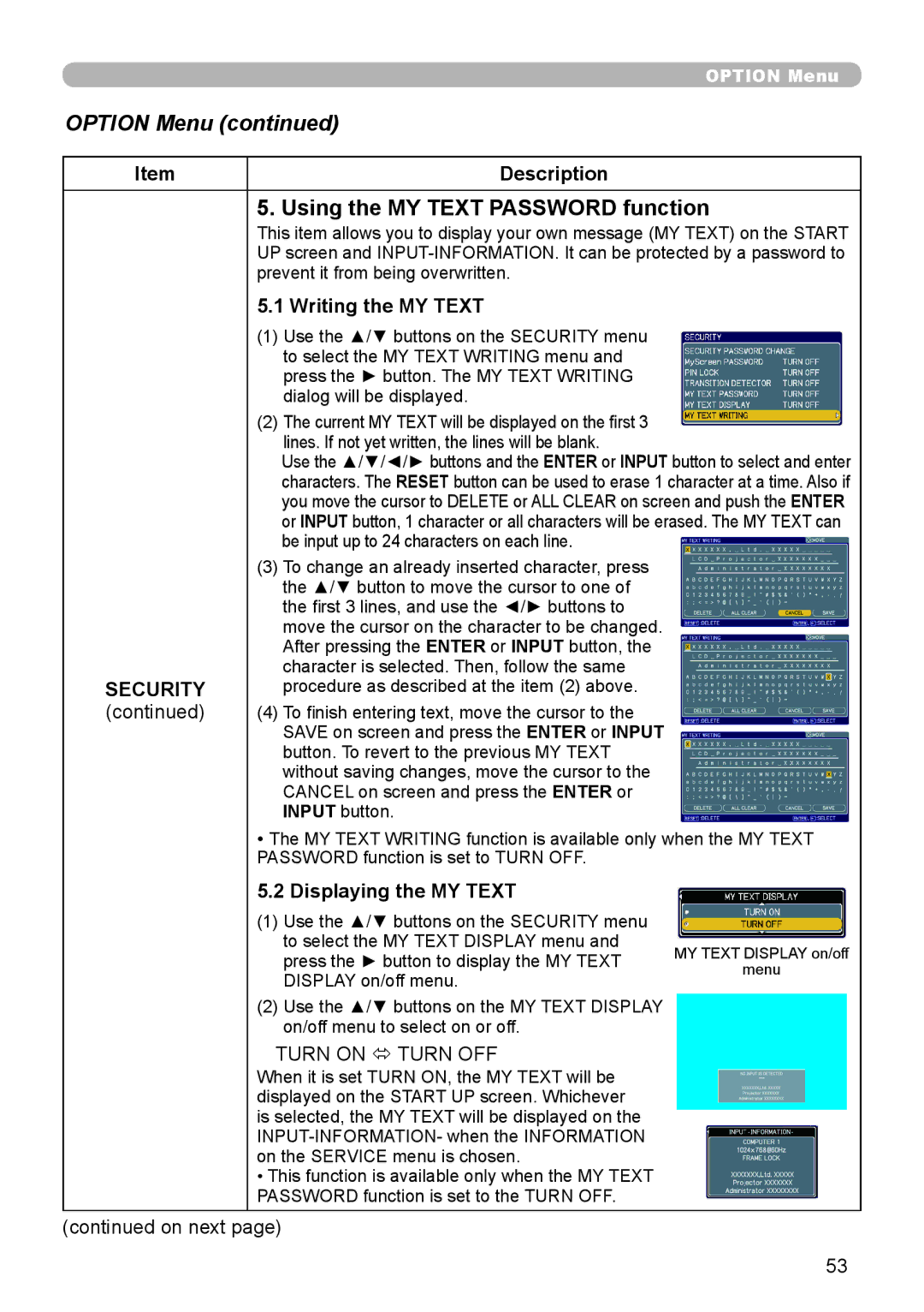 Epson 8100 user manual Using the MY Text Password function, Writing the MY Text, Displaying the MY Text 