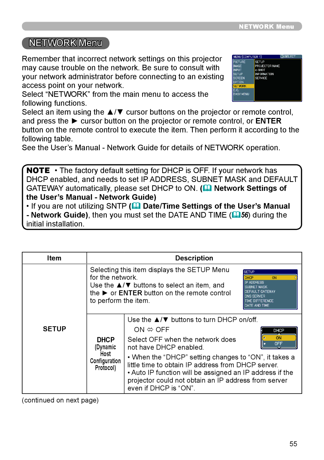 Epson 8100 user manual Network Menu, Setup 