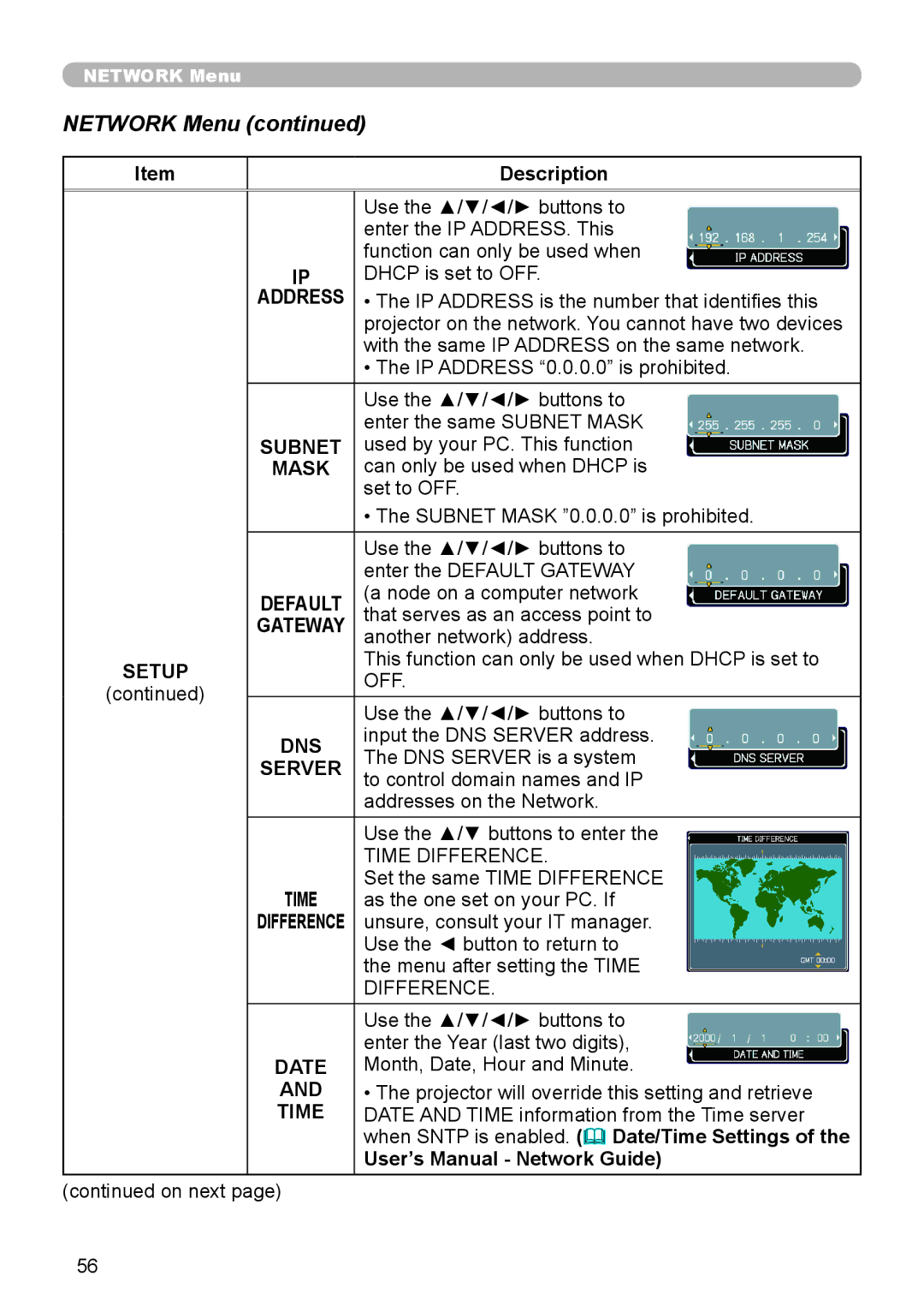 Epson 8100 user manual Network Menu 