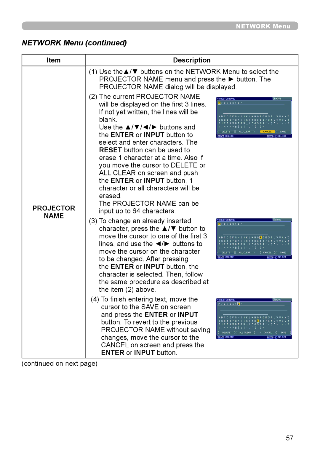 Epson 8100 user manual Projector, Name, Enter or Input button 