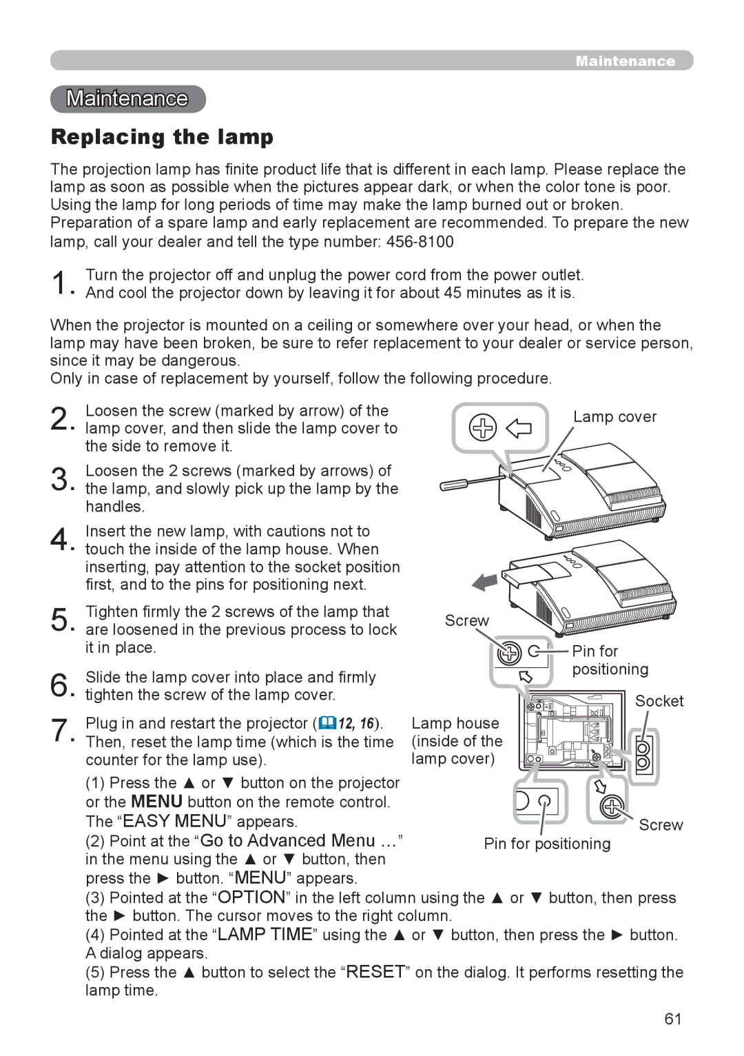 Epson 8100 user manual Maintenance, Replacing the lamp 