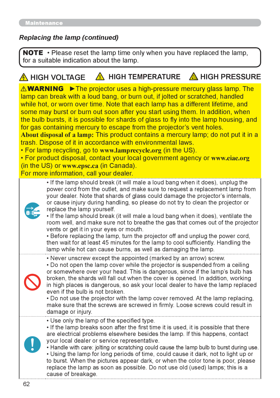 Epson 8100 user manual High Voltage High Temperature, Replacing the lamp 