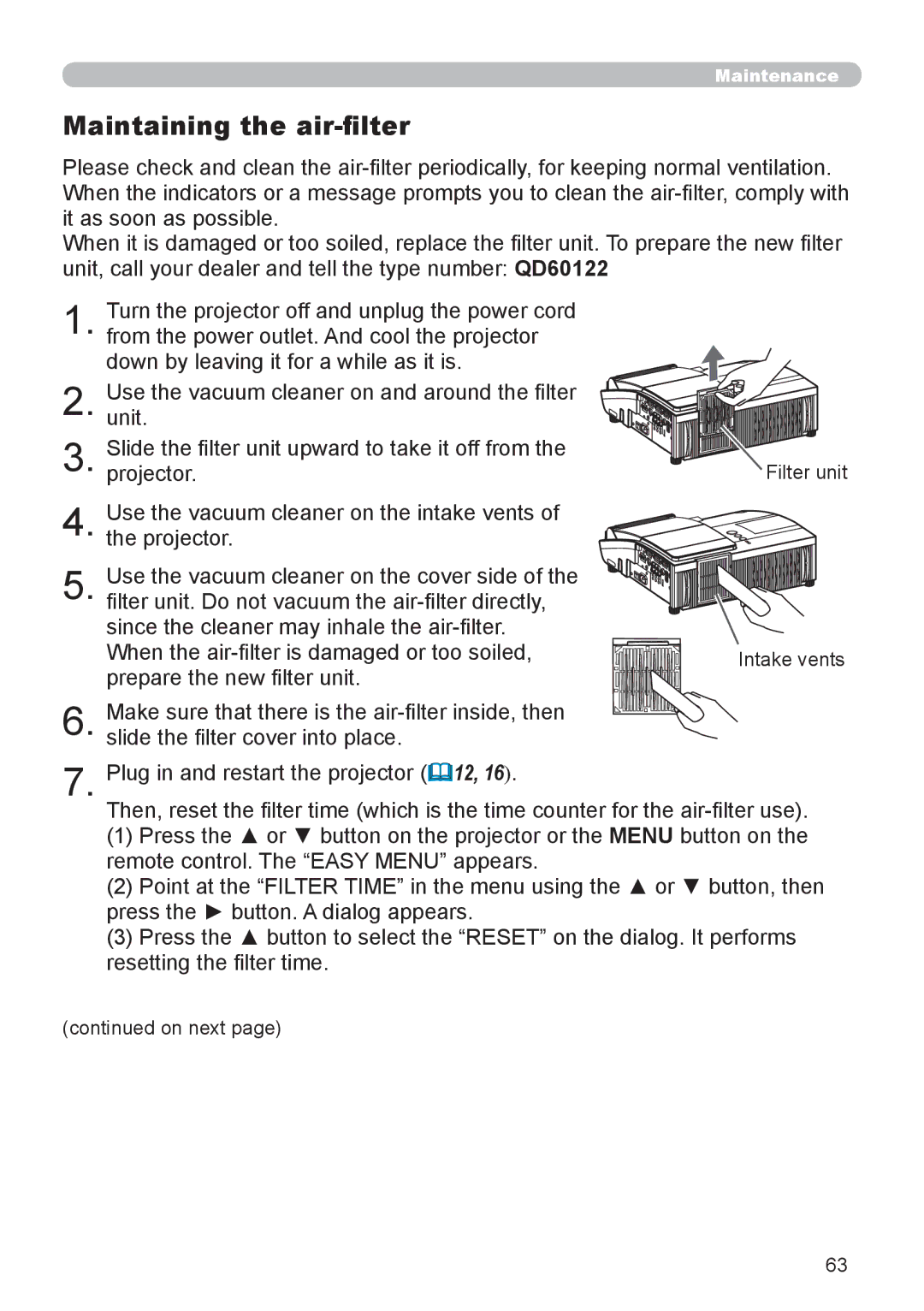 Epson 8100 user manual Maintaining the air-filter 