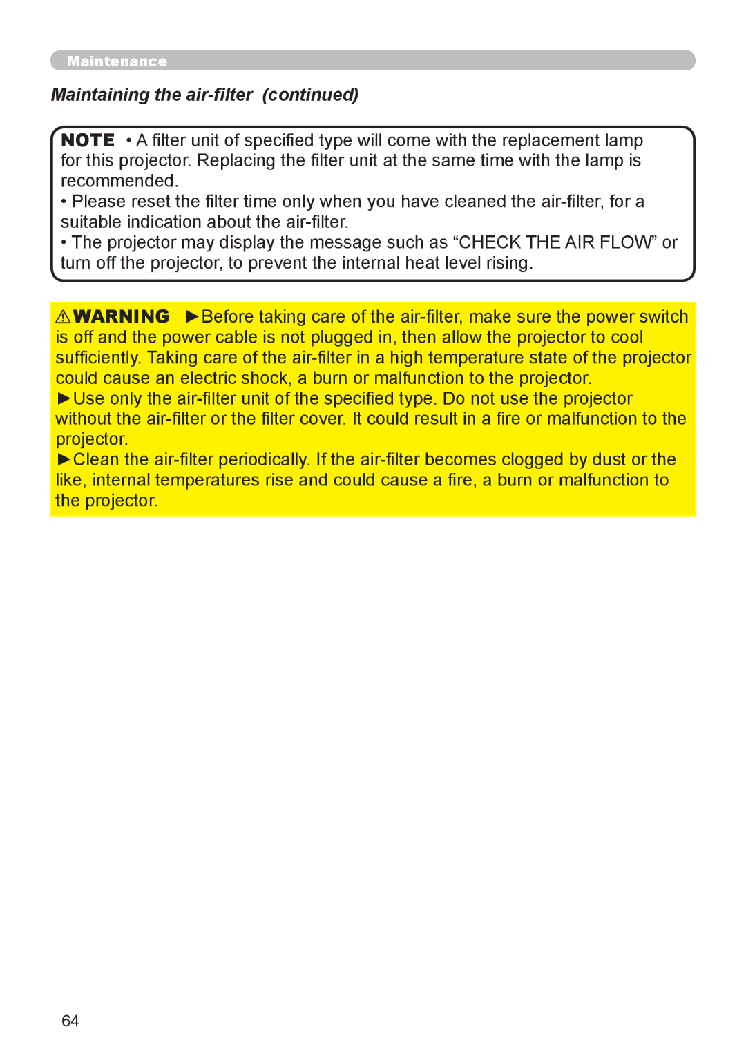 Epson 8100 user manual Maintaining the air-filter 