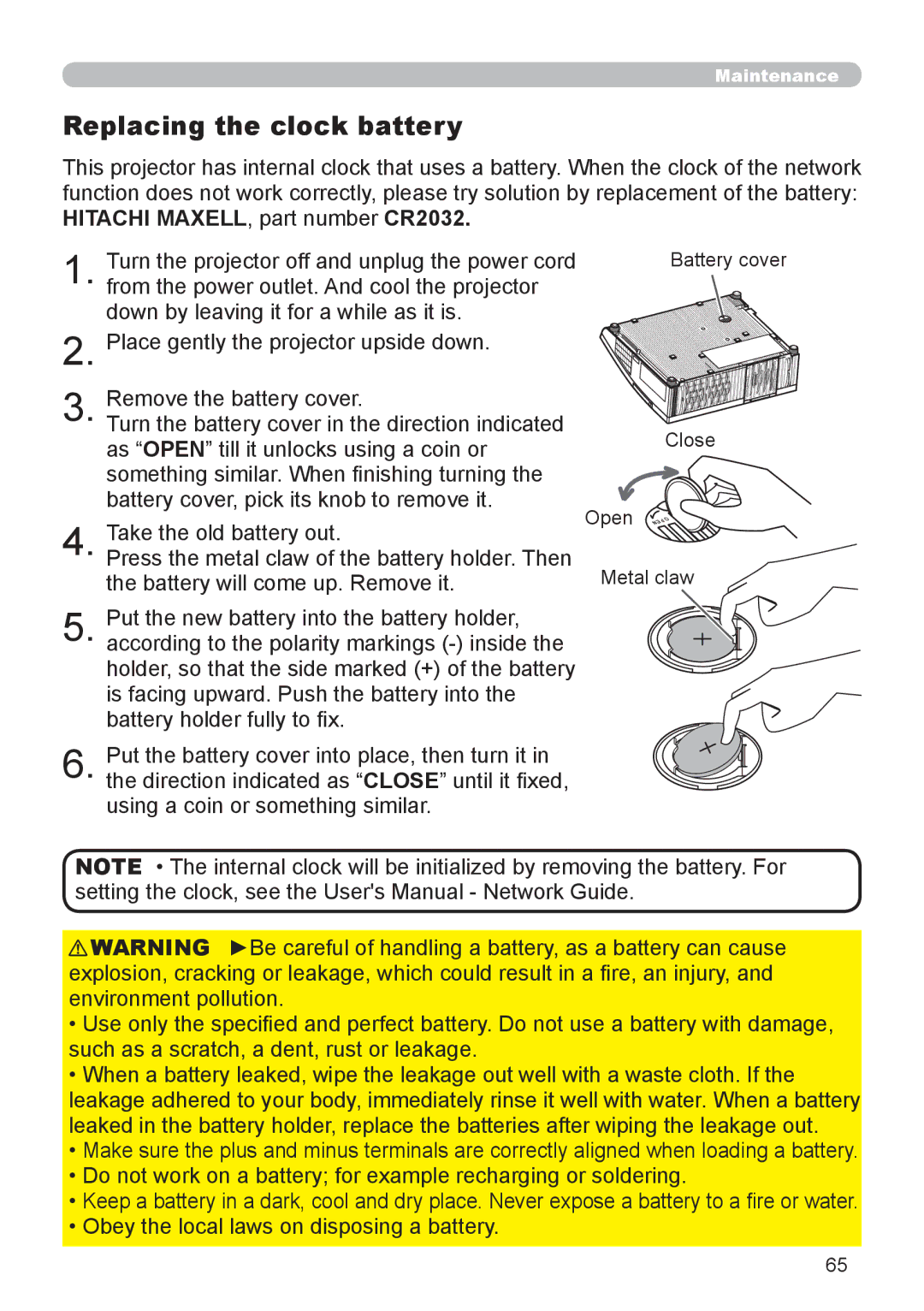 Epson 8100 user manual Replacing the clock battery 