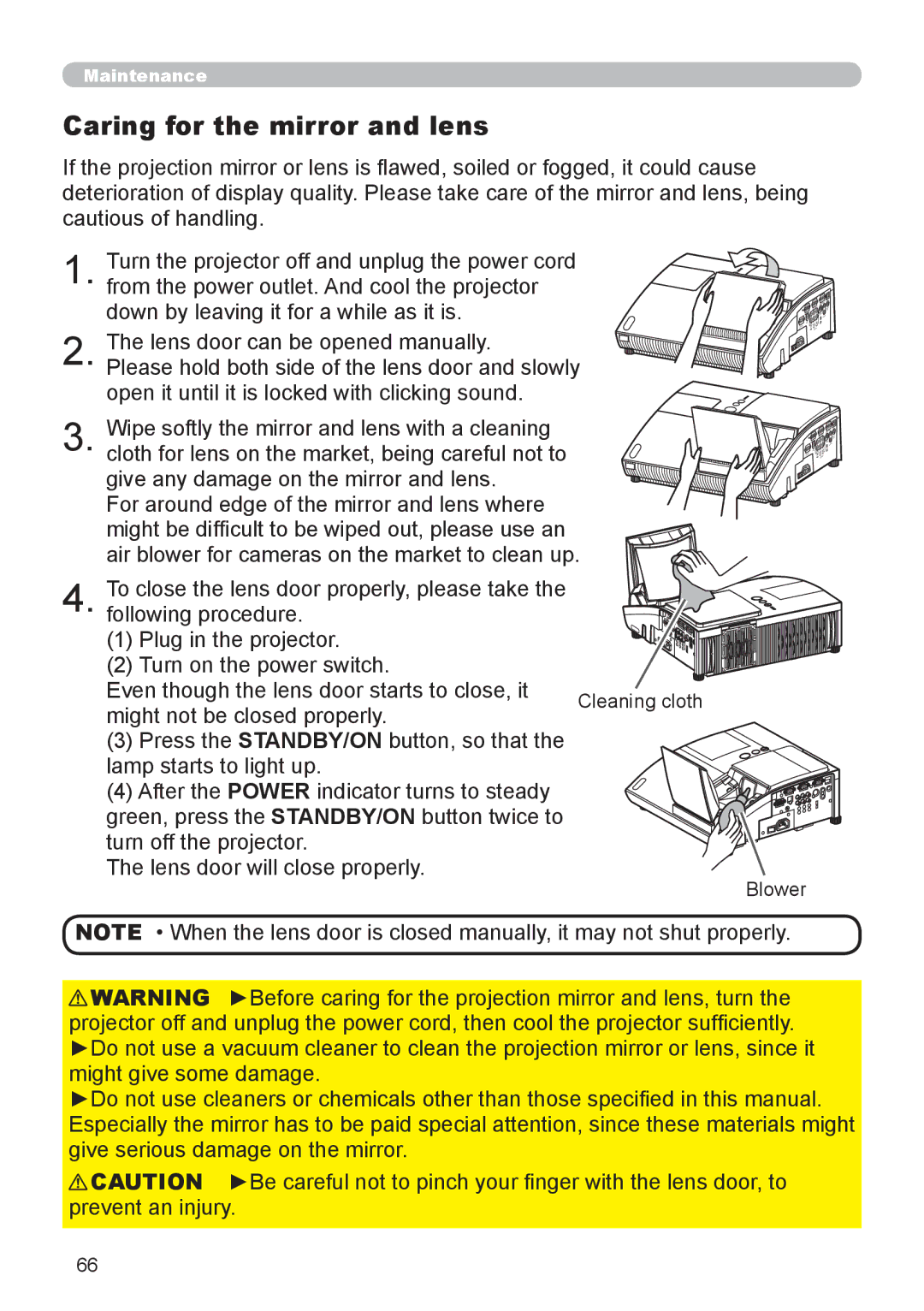 Epson 8100 user manual Caring for the mirror and lens 