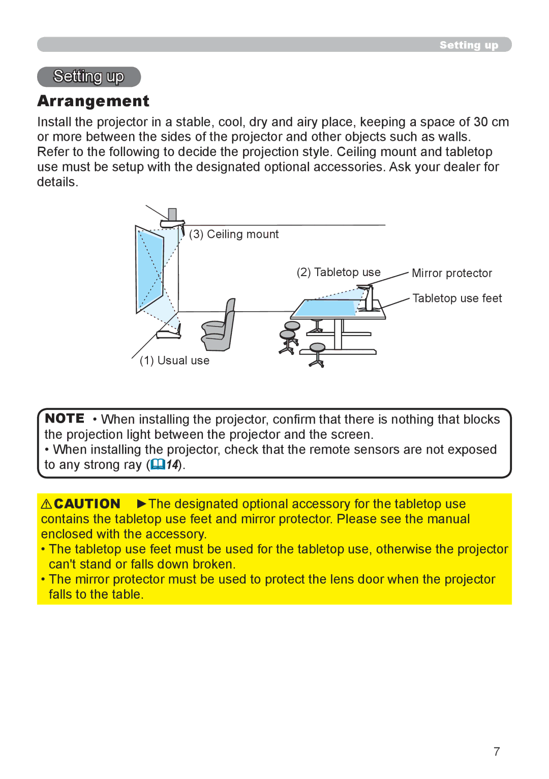 Epson 8100 user manual Setting up, Arrangement 