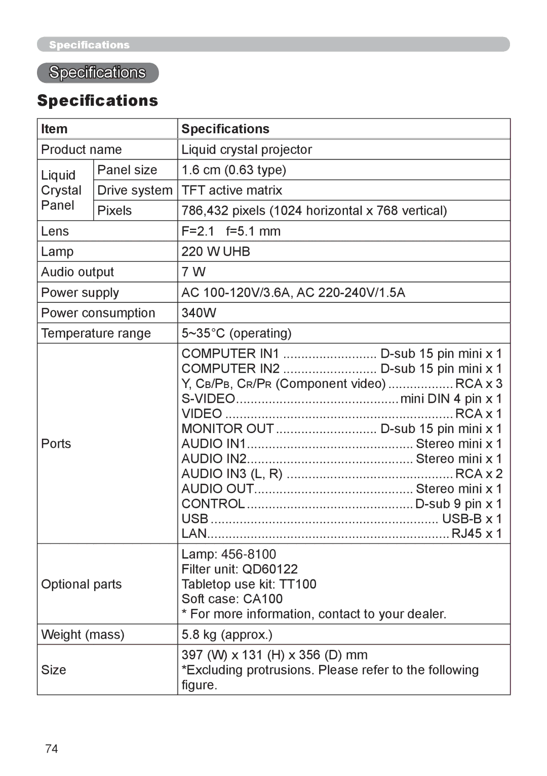 Epson 8100 user manual Specifications 