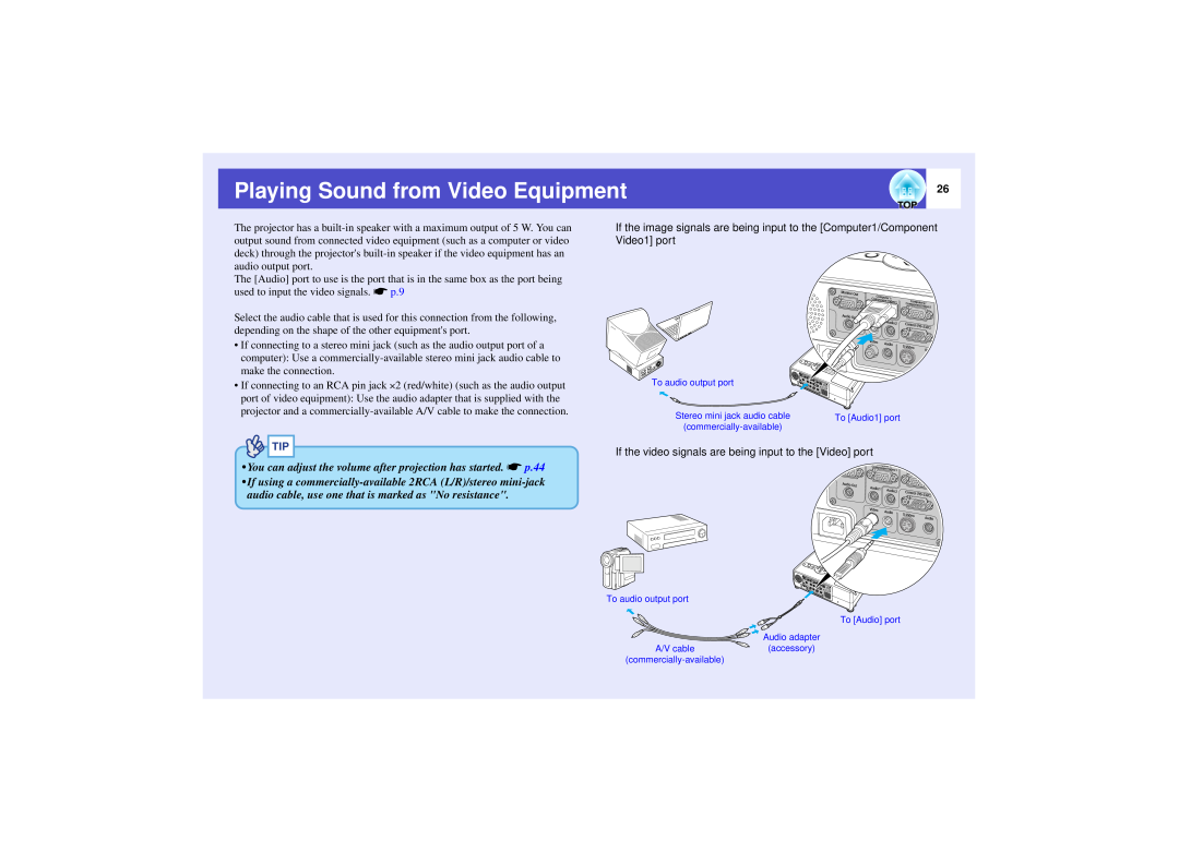 Epson 821 manual Playing Sound from Video Equipment 