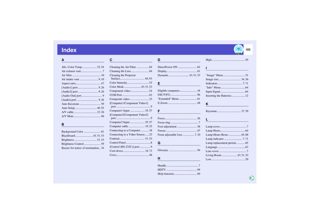 Epson 821 manual Index, 103 