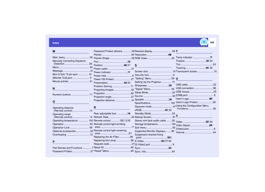 Epson 821 manual Index, 104 