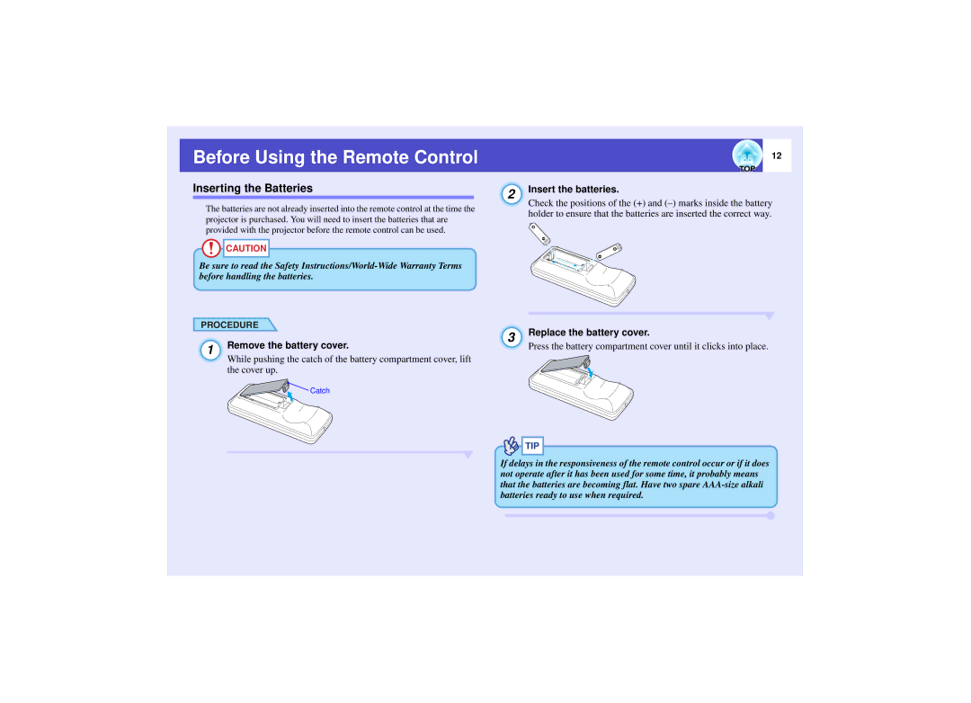 Epson 821 manual Before Using the Remote Control, Inserting the Batteries, Insert the batteries 