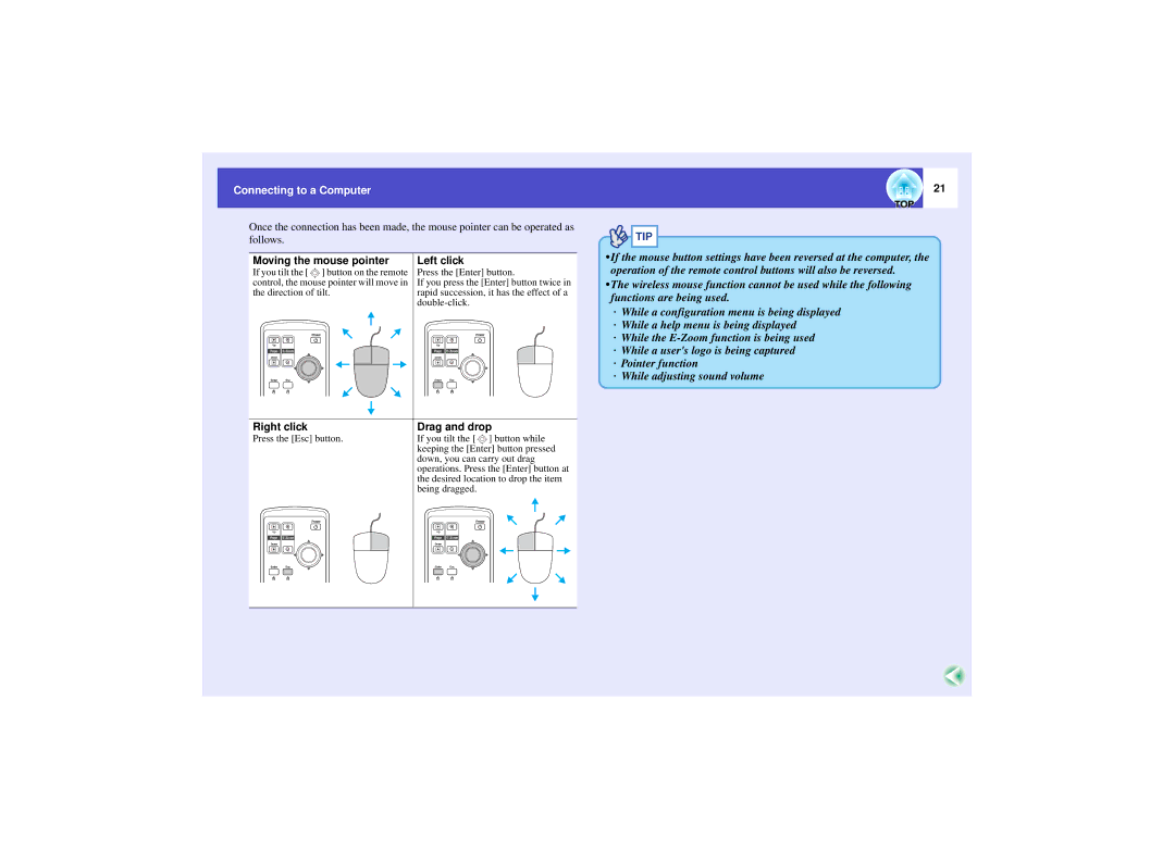 Epson 821 manual Moving the mouse pointer Left click, Right click Drag and drop 