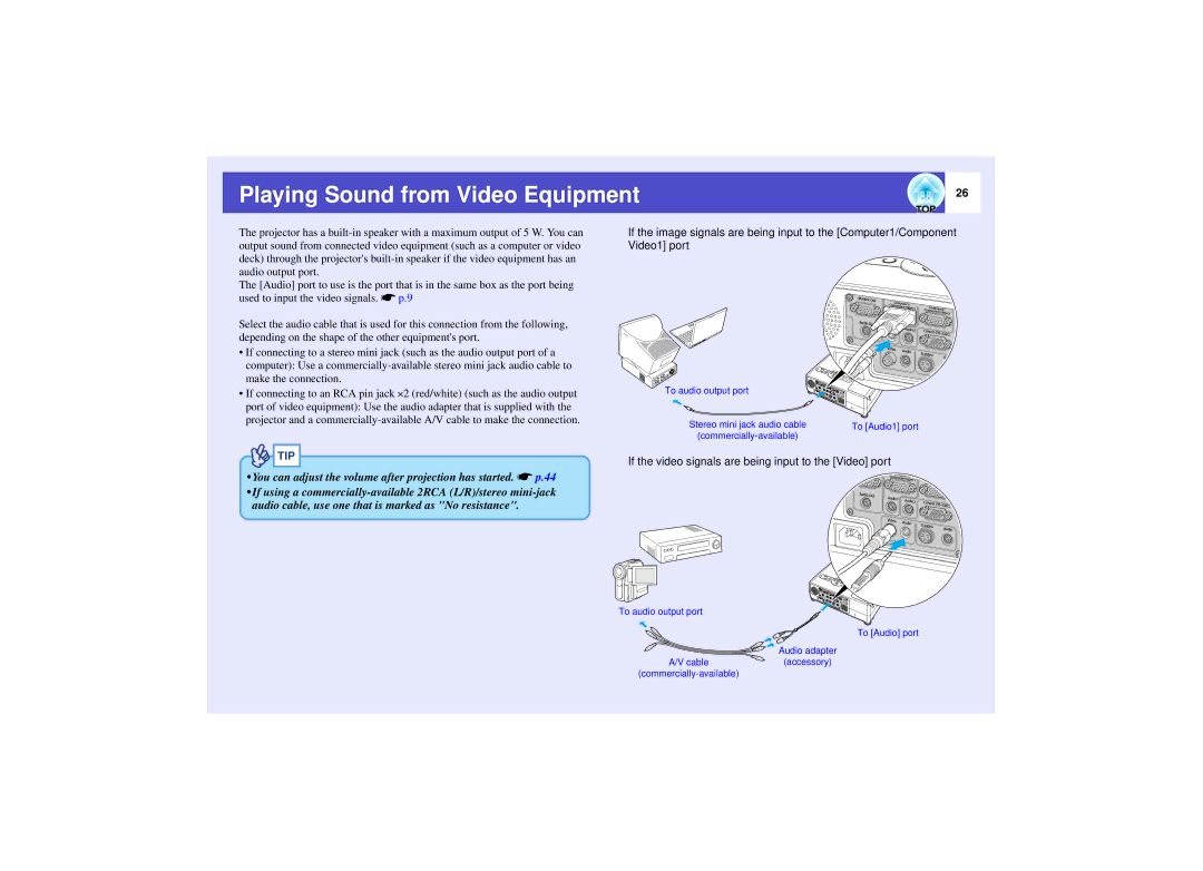 Epson 821 manual Playing Sound from Video Equipment, If the video signals are being input to the Video port 