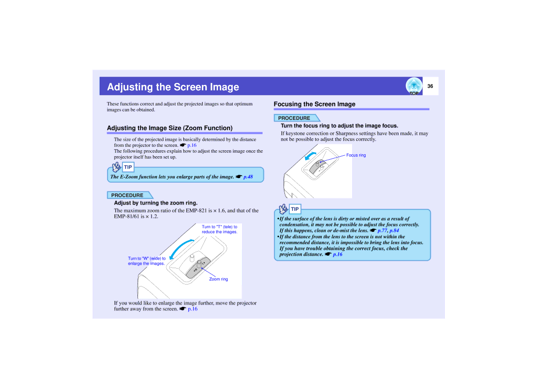 Epson 821 manual Adjusting the Screen Image, Adjusting the Image Size Zoom Function, Focusing the Screen Image 