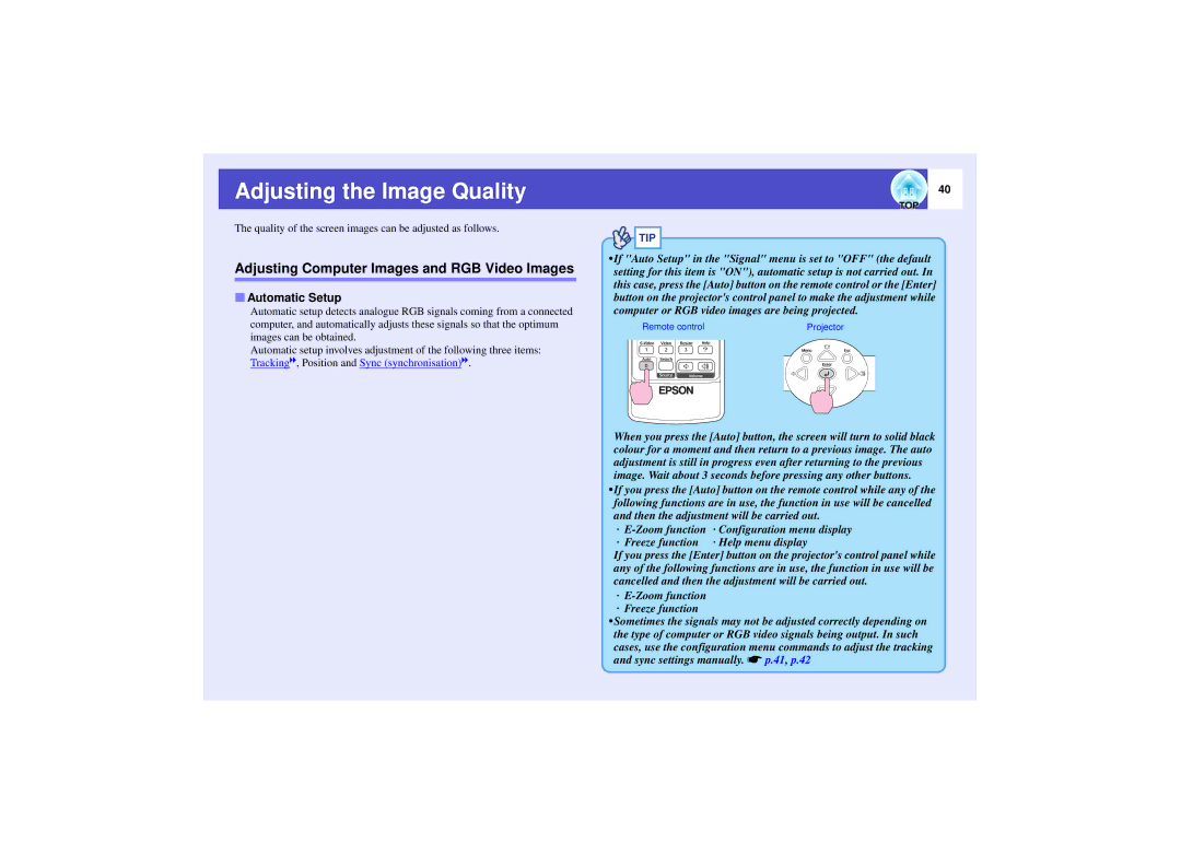 Epson 821 manual Adjusting the Image Quality, Adjusting Computer Images and RGB Video Images, Automatic Setup 