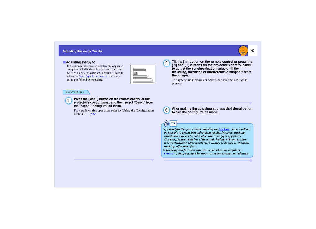 Epson 821 manual Adjusting the Sync, Projectors control panel, and then select Sync. from, Signal configuration menu 