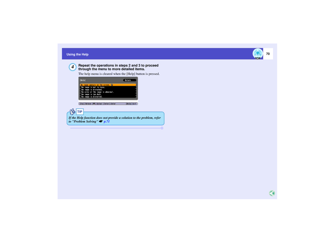 Epson 821 manual Repeat the operations in steps 2 and 3 to proceed, Through the menu to more detailed items 