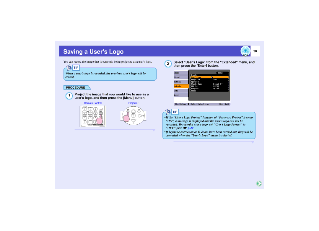 Epson 821 manual Saving a Users Logo, Select User’s Logo from the Extended menu 