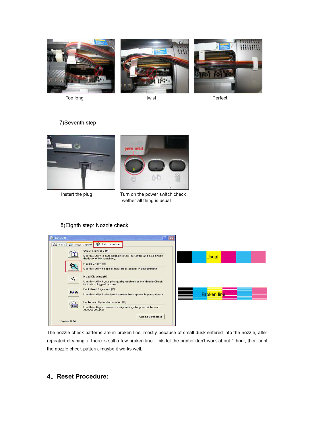 Epson 830U manual 、Reset Procedure, 7Seventh step, 8Eighth step Nozzle check 