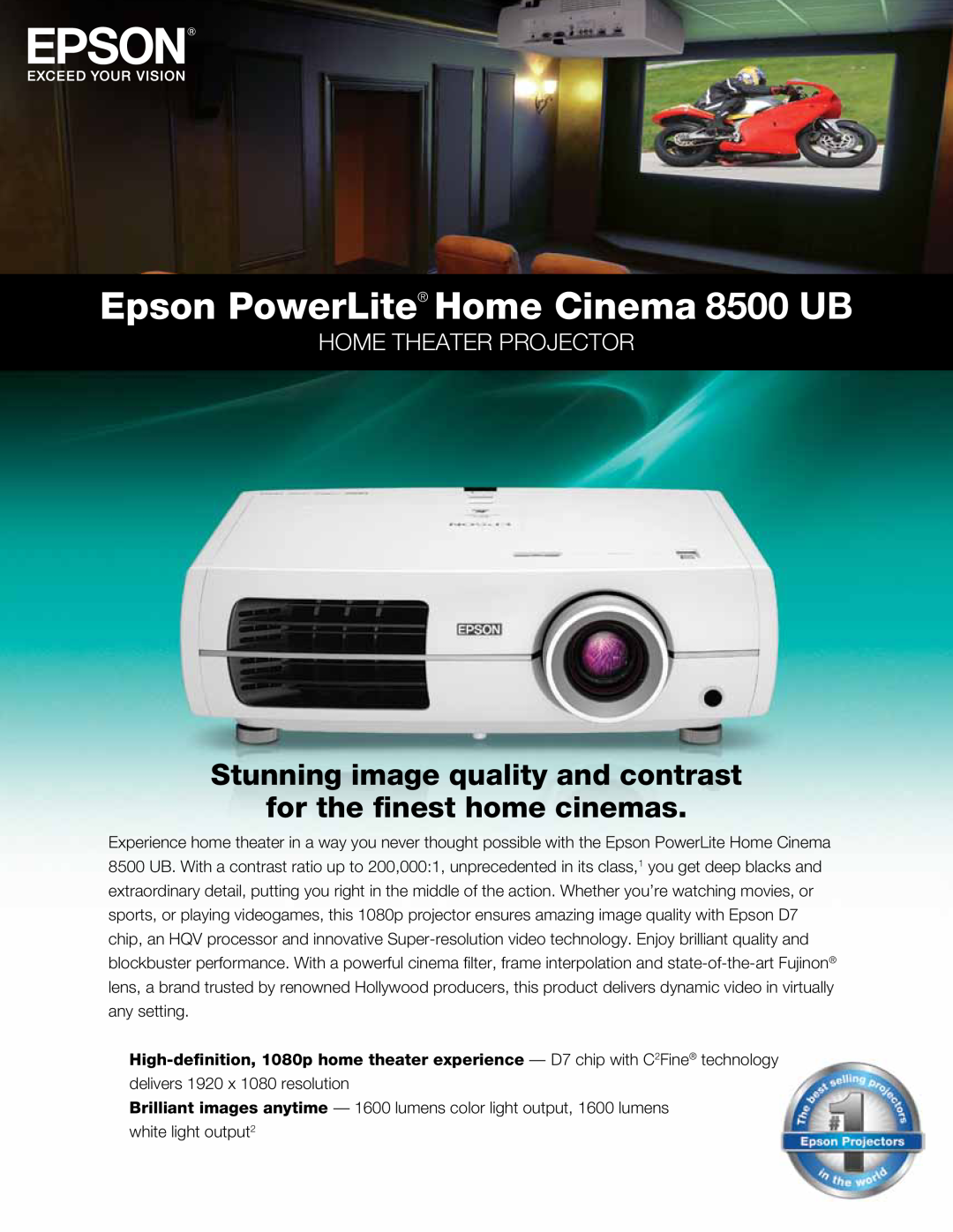 Epson Epson PowerLite Home Cinema 8500 UB, Stunning image quality and contrast for the finest home cinemas 