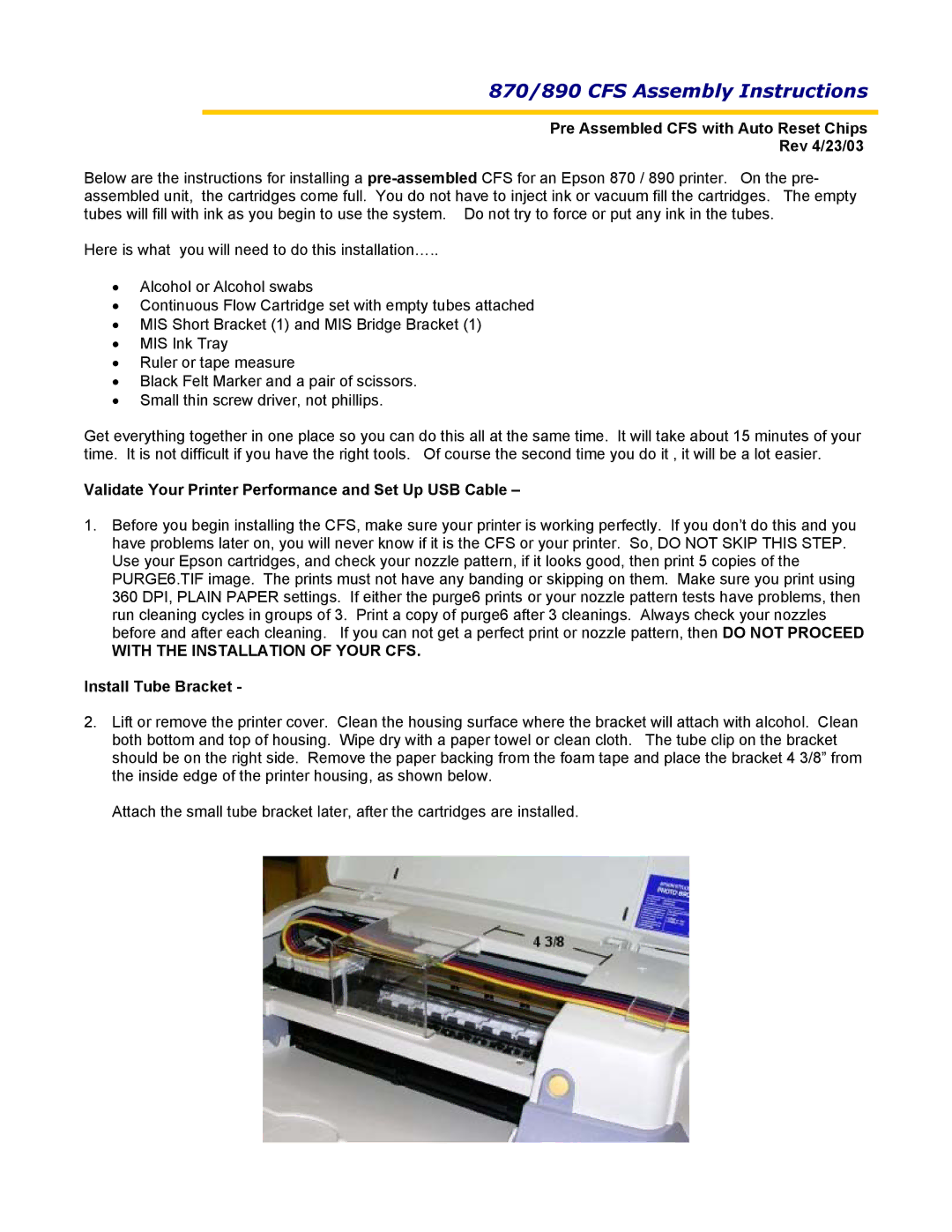 Epson 890, 870 manual Pre Assembled CFS with Auto Reset Chips Rev 4/23/03, Install Tube Bracket 