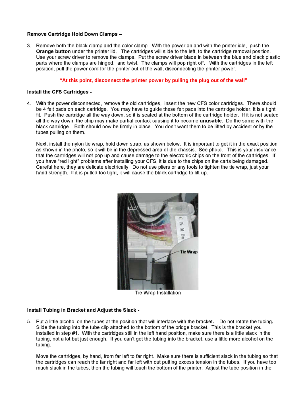 Epson 870 Remove Cartridge Hold Down Clamps, Install the CFS Cartridges, Install Tubing in Bracket and Adjust the Slack 