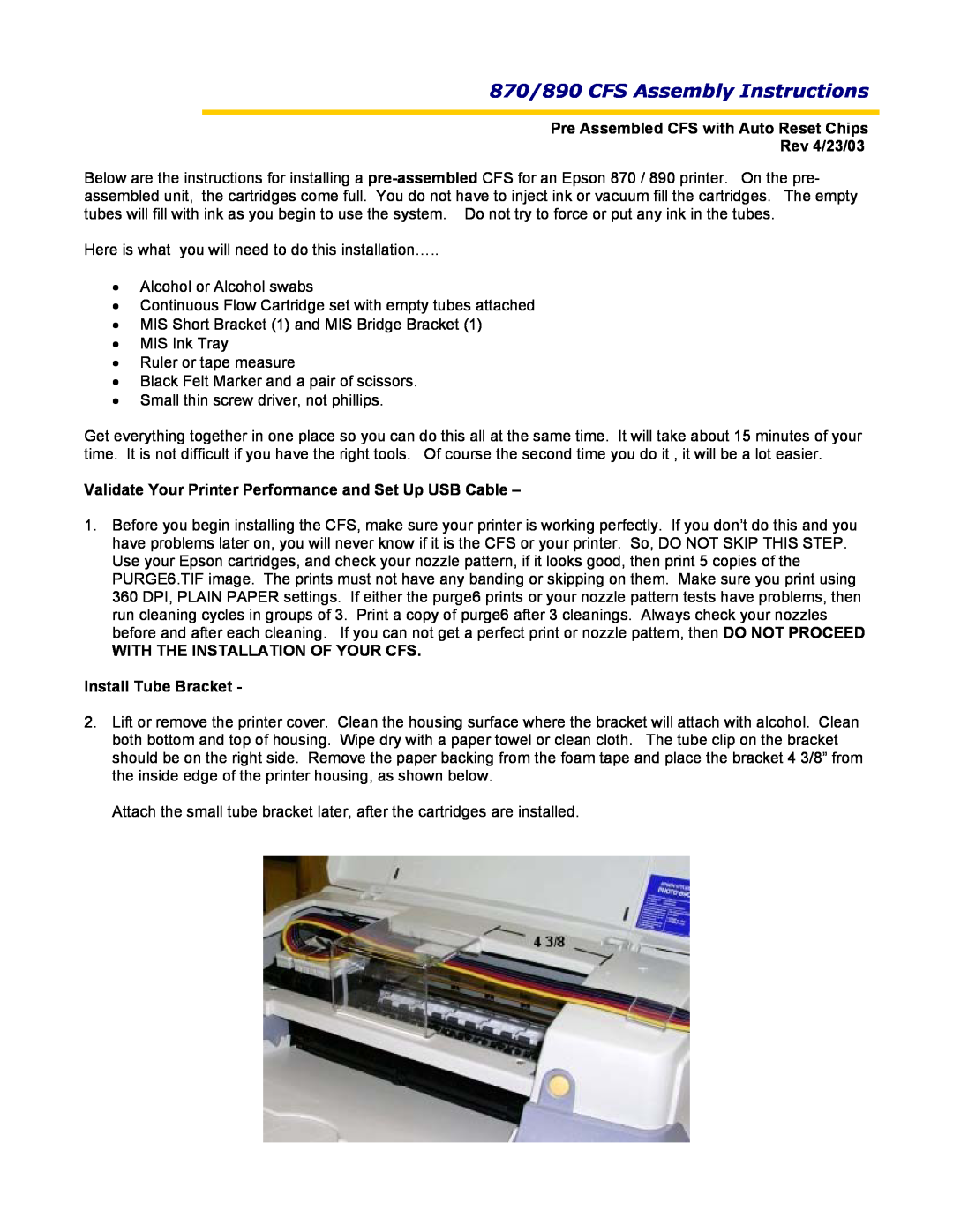 Epson manual Pre Assembled CFS with Auto Reset Chips Rev 4/23/03, 870/890 CFS Assembly Instructions 