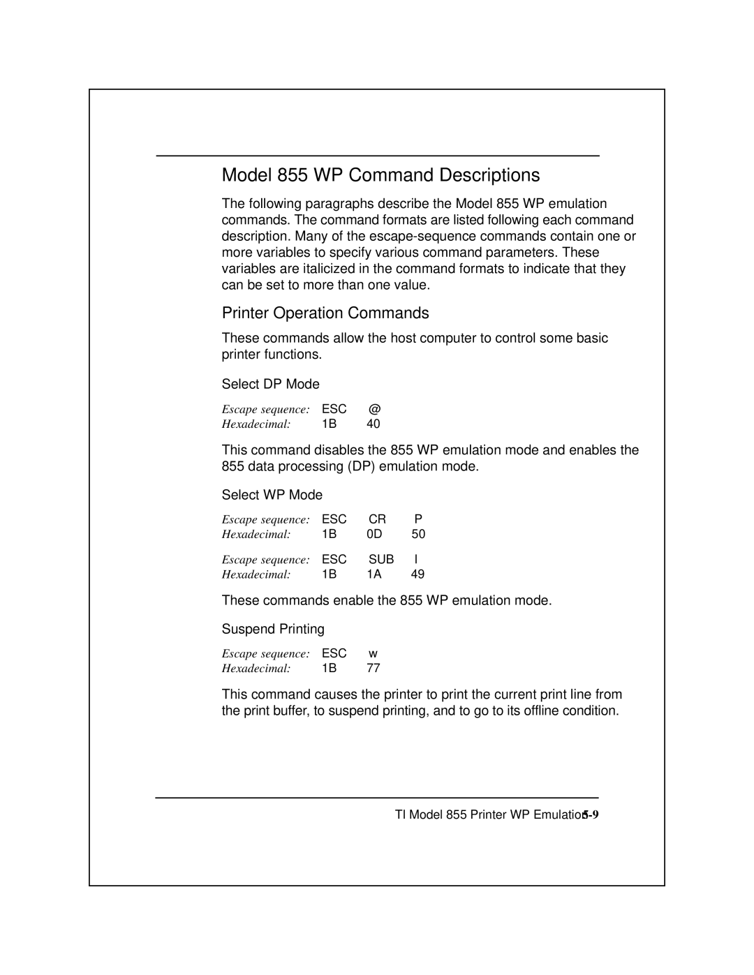 Epson 8900 Series manual Model 855 WP Command Descriptions, Select DP Mode, Select WP Mode, Suspend Printing 