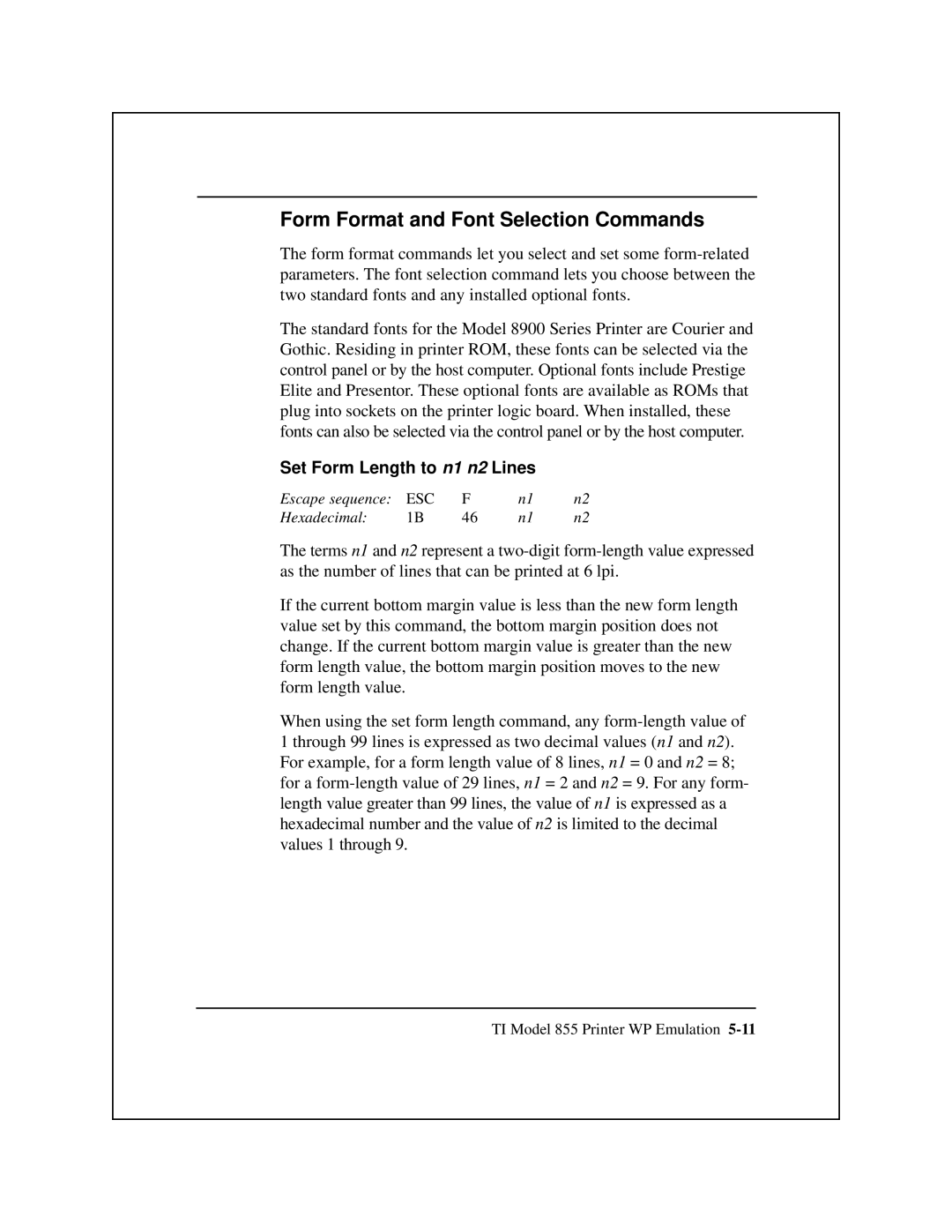 Epson 8900 Series manual Form Format and Font Selection Commands, Set Form Length to n1 n2 Lines 