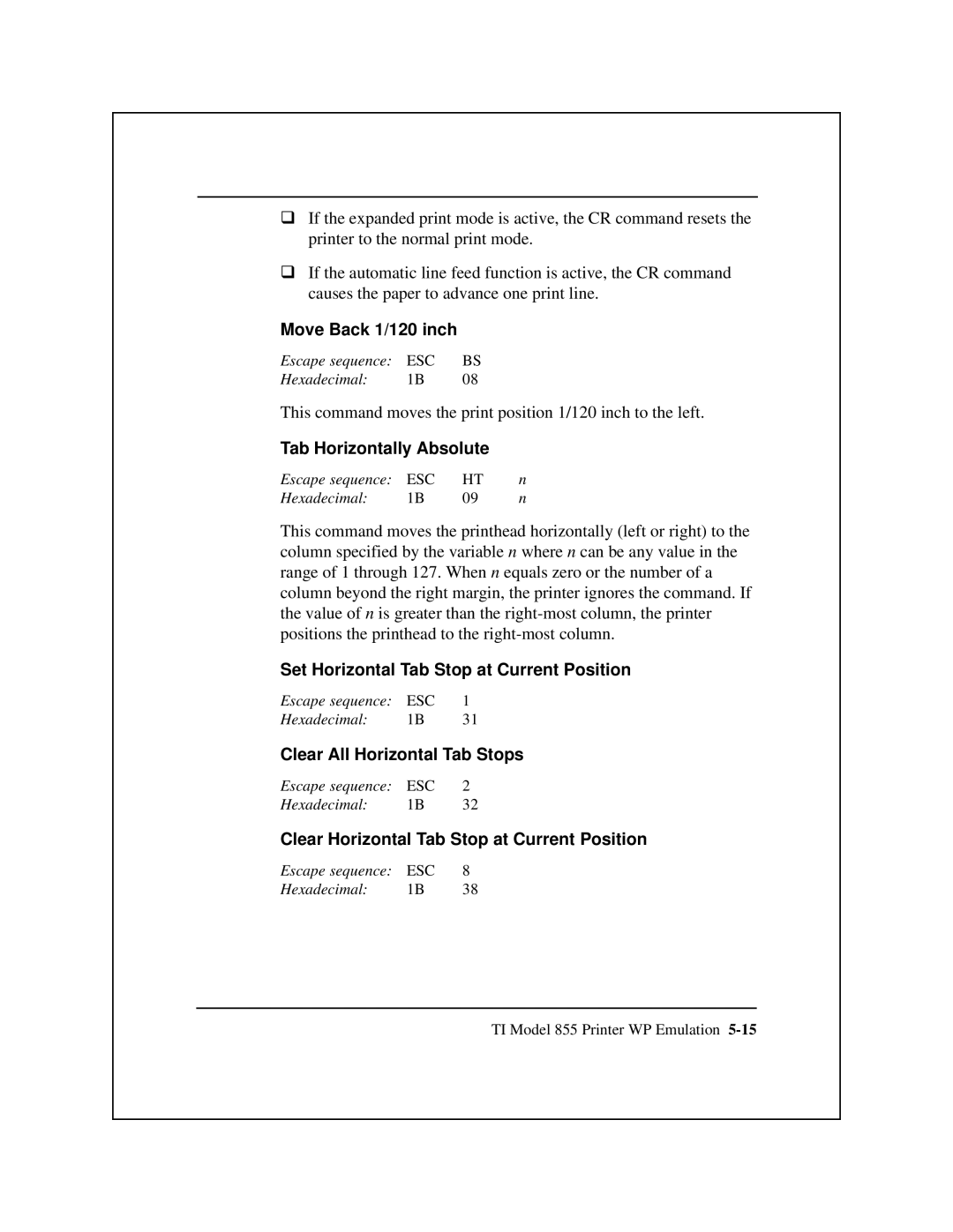 Epson 8900 Series manual Move Back 1/120 inch, Tab Horizontally Absolute 