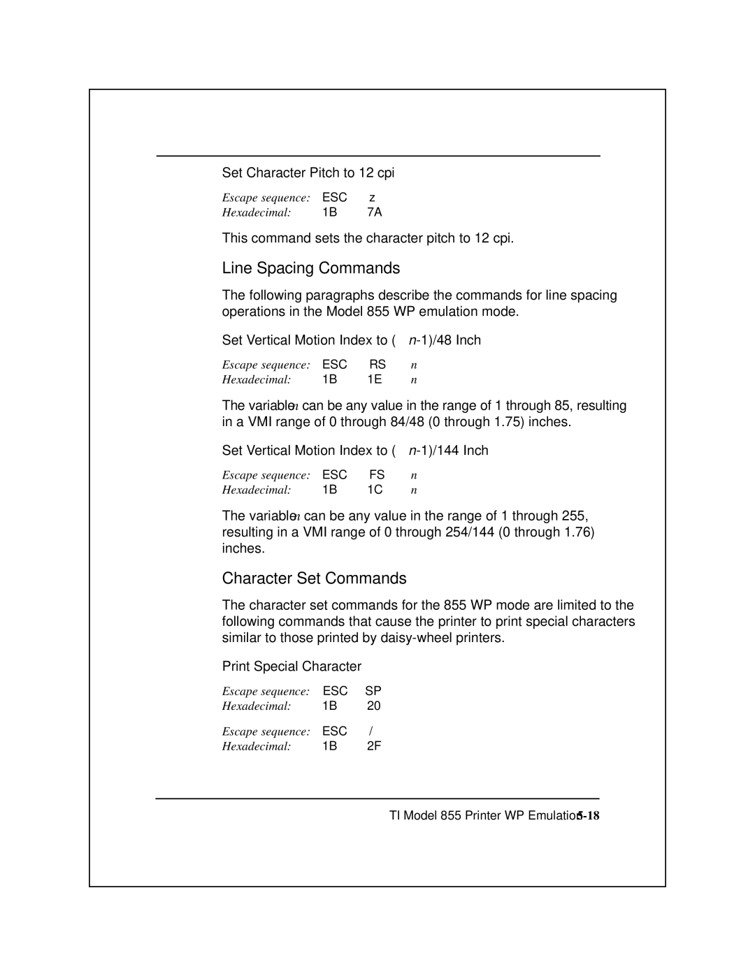 Epson 8900 Series manual Character Set Commands, Set Vertical Motion Index to n-1/48 Inch, Print Special Character 