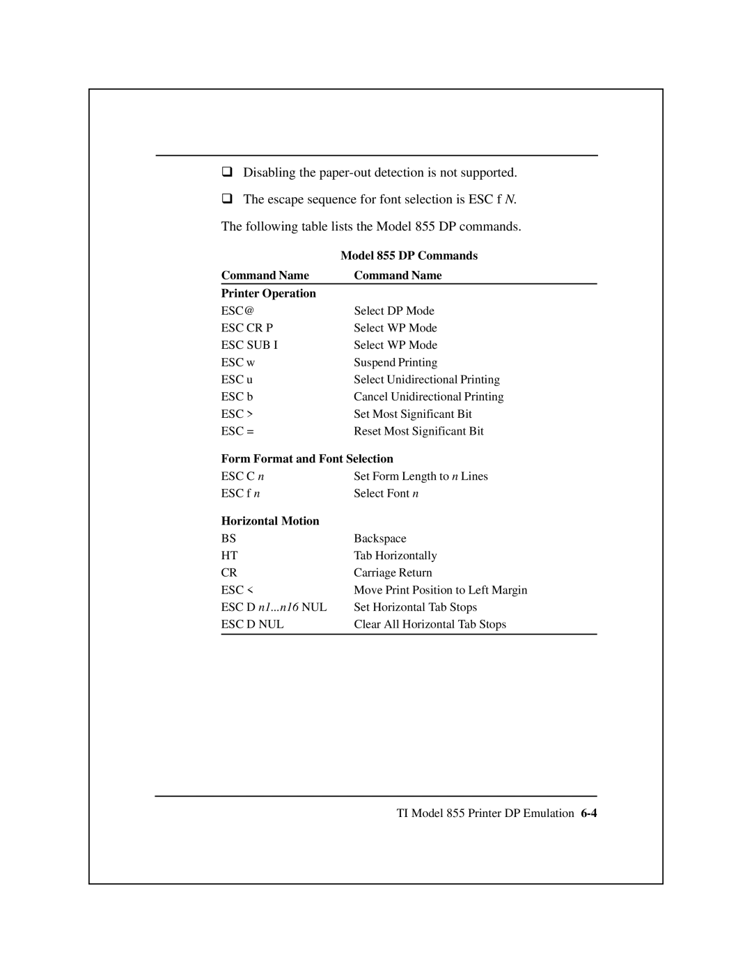 Epson 8900 Series manual Model 855 DP Commands, Command Name Printer Operation 