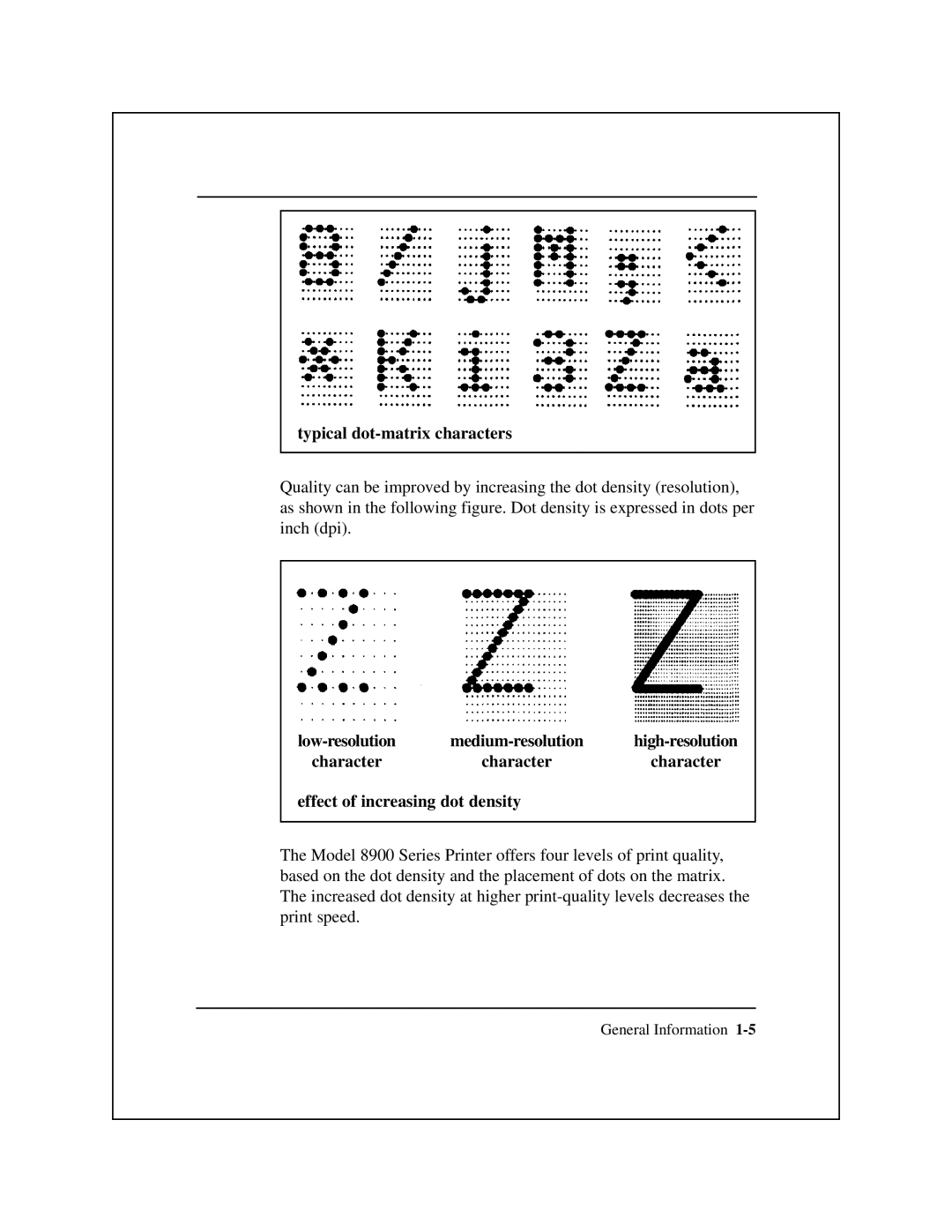 Epson 8900 Series manual Typical dot-matrix characters, Effect of increasing dot density 