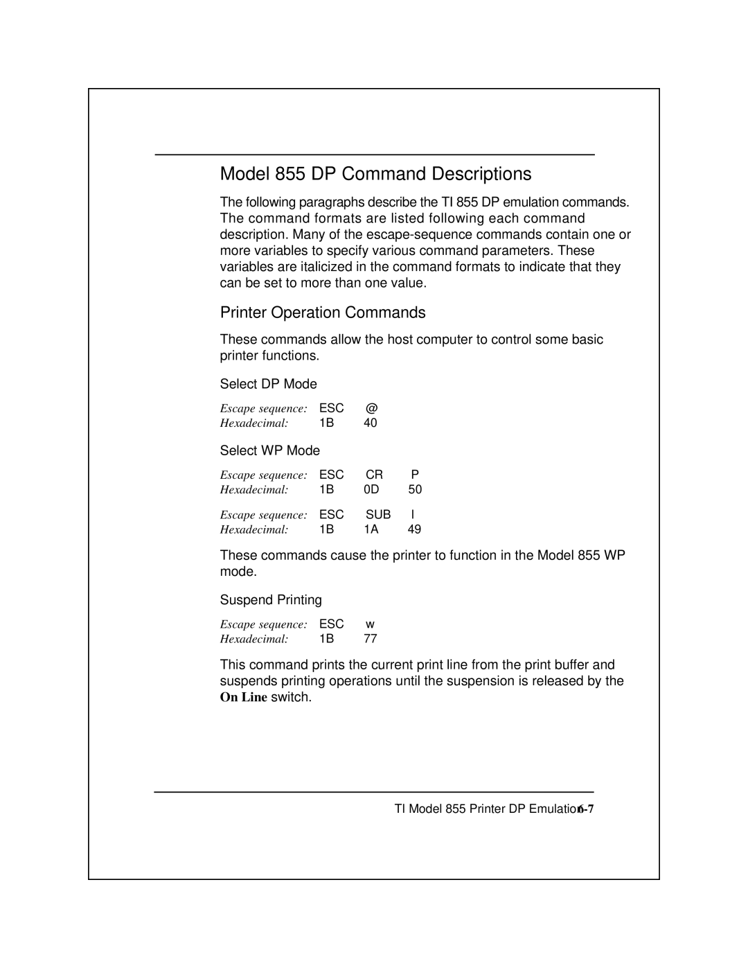 Epson 8900 Series manual Model 855 DP Command Descriptions, Printer Operation Commands 