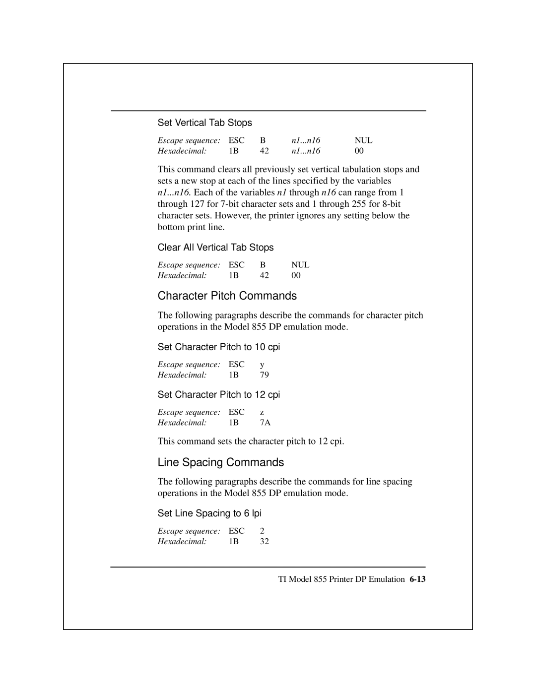 Epson 8900 Series manual Character Pitch Commands 